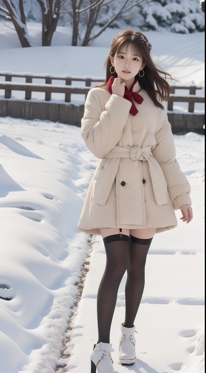 true to life,Photorealistic 1.5,((best qualtiy, 8K, tmasterpiece:1.3)),SLR camera (二重まぶた,largeeyes:1.3),(Korean female model 1.5),(Full body photo 1.5)(One female star 1.5)Clear focus 1.2, Perfect body beauty:1.4 , Delicate skin1.1,(Snow and ice 1.6),(Fashion watch 1.4),(Pure desire 1.3)(Black stockings 1.5)(Leg length 1.2 m 1.5),Slender legs,Bow knot,on cheongsam,With earrings,bangle,Platform heels,Winters,Oyuki,Snow-capped riverside,Snow and ice