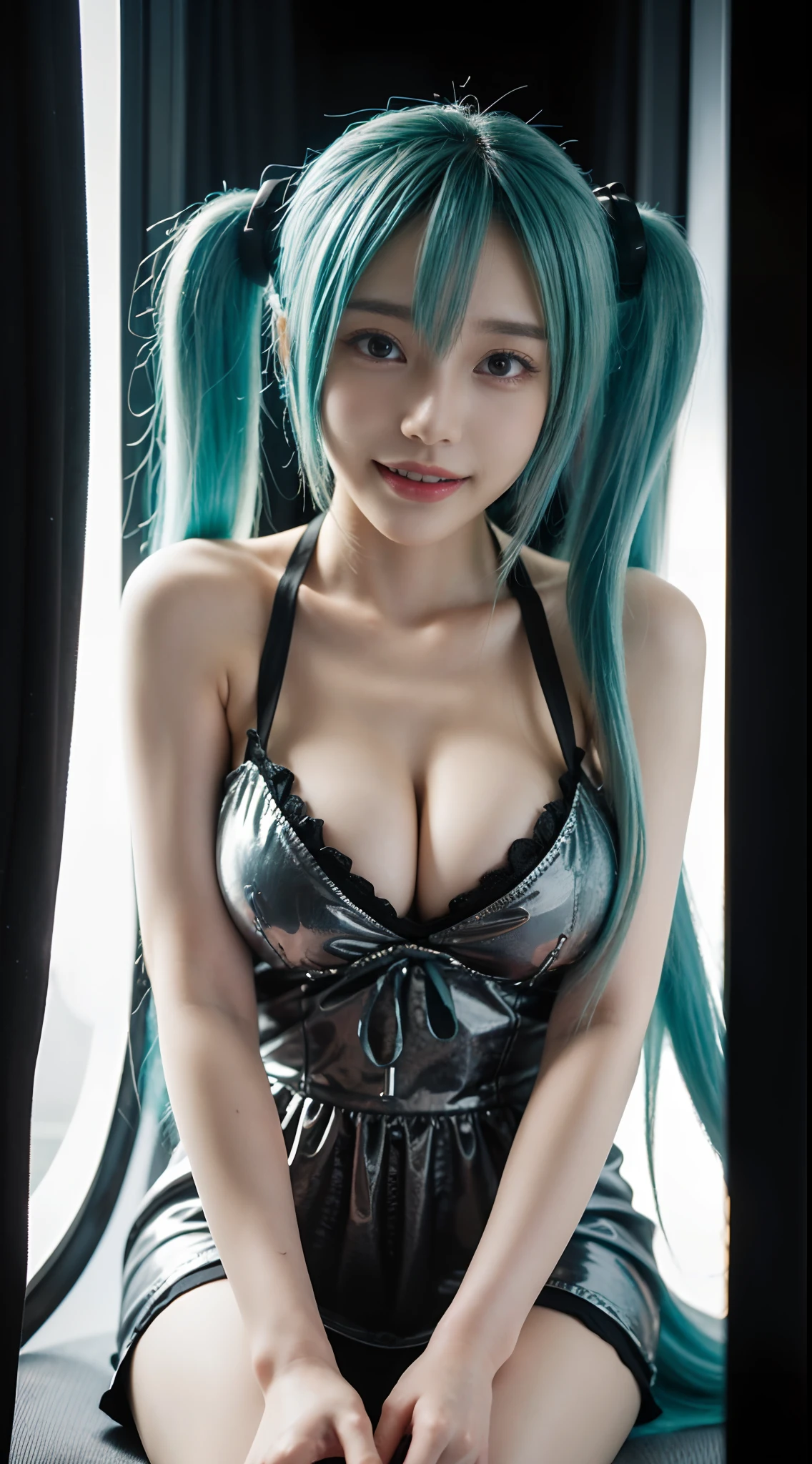 (Front focus), keyword: 1 girl sitting in a spaceship to take pictures, A space station，Artificial satellite，spaceship，(((Hatsune Miku))), (In the dark:1.6), surrealist portrait, Fantasy art, photograph realistic, Dynamic lighting, poster for, Bokeh, voluminetric lighting, Very detailed faces, 8K, Award-Awarded, 1girll, 25 year old girl, deepshadow, low tune, Long two-tailed hair with ponies, Bright Tosca hair and eye color (((Rich in color))), ?????? enhancement, Round ?????, Nack shoes , full bodyesbian, Big smile (Open mouth), Wet skin, Highly detailed face and skin texture, Detailed eyes, Realistic eyes, Beautiful detailed eyes, (Realistic skin), (((Futuristic Hatsune Miku dress 1:1))), dynamicposes，fully body photo，full bodyesbian