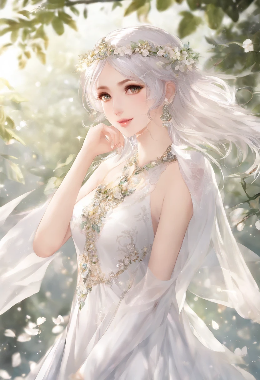 Extremely detailed CG Unity 16k wallpaper:1.1), (Noise Removal Strength: 1.45), (tmasterpiece:1.37), aquarelle, Extremely detailed, 1girll, full bodyesbian, Beautiful detailed eyes, cute anime face, full bodyesbian, Beautiful detailed face, White hair, (Botanical illustration:1.5), White dress, god light, Sparkle, Glowing light, Masterpiece, Best quality