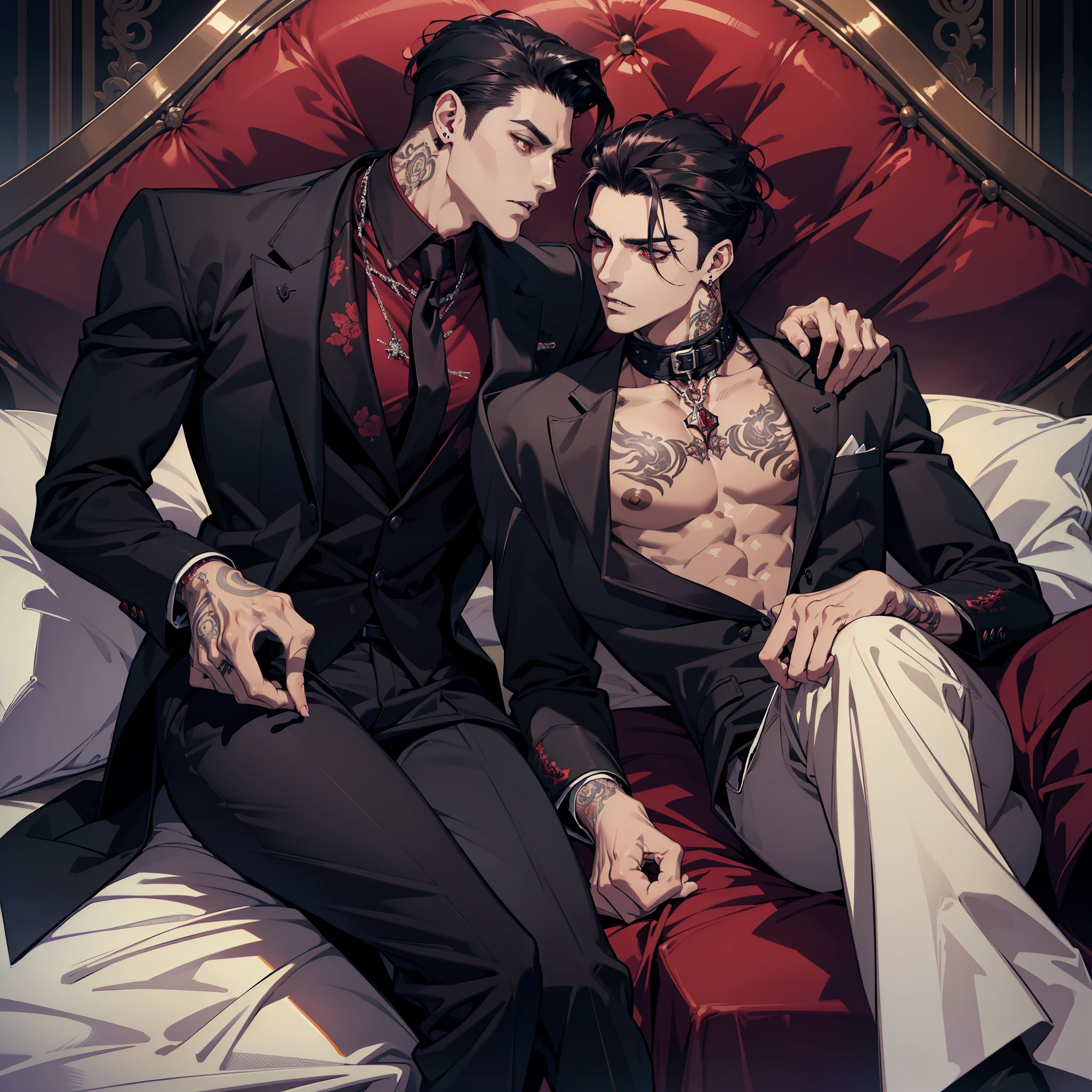 (absurdres, highres, ultra detailed) Mafia Noir on bed Vampire dominant alpha gay couple macho sexy handsome demon old men with tattoos big chest big abs slicked back hairstyle smoking red eyes charisma goth perfect face structure detailed stylized ((handsome male couple))