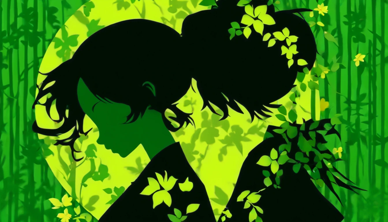 (Silhouette Art,cutouts:1.6)
(((Paper cutting art,A world where only black exists:1.3)

(Cowboy Shot),1 girl,Solo,
(Kimono Girl,profile:1.2),white, Clear and beautiful face,

BREAK
(Single Green Leaf Flower)
Textured glass background,