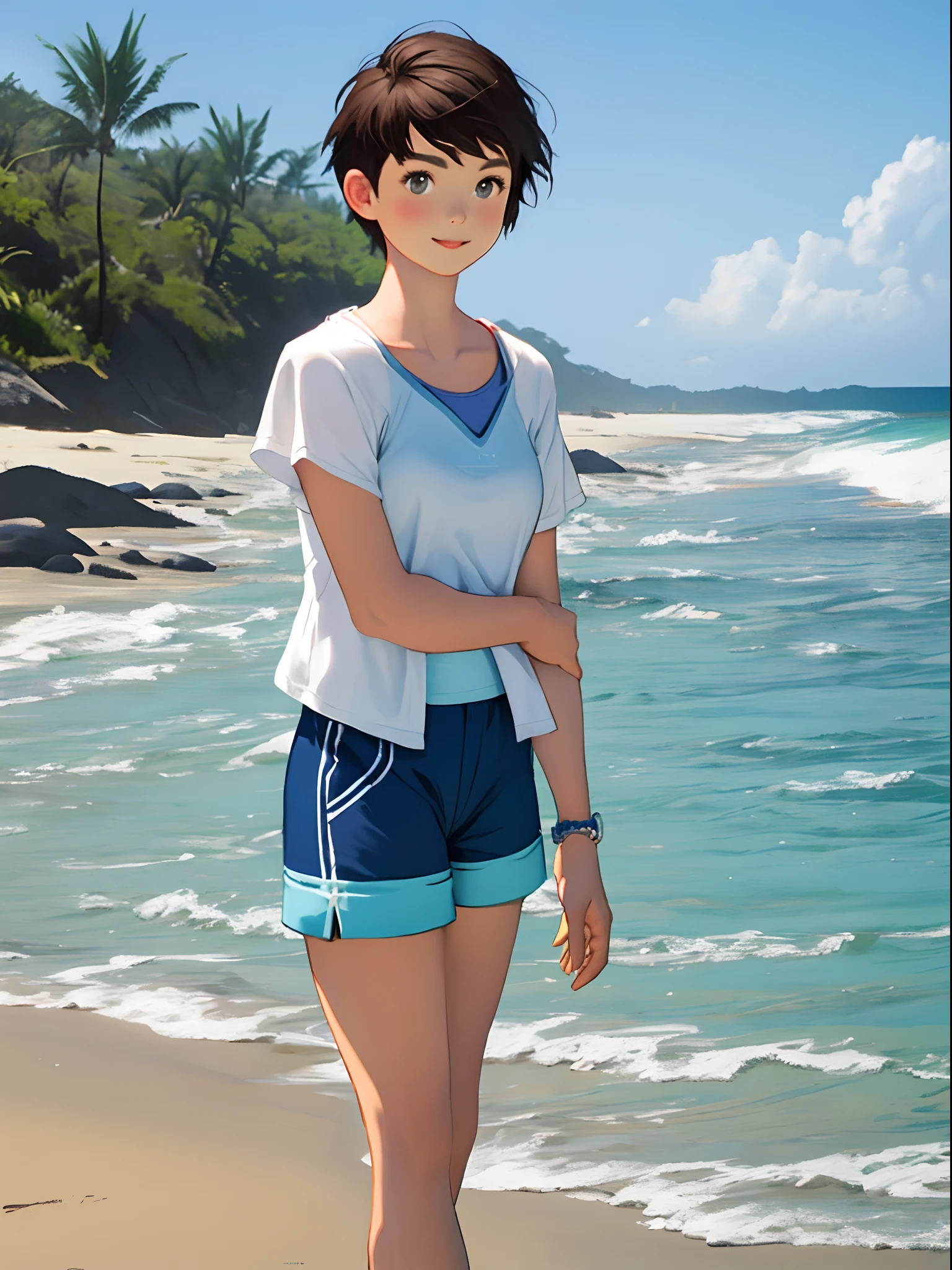 An American girl with short hair，Wearing super shorts on the beach