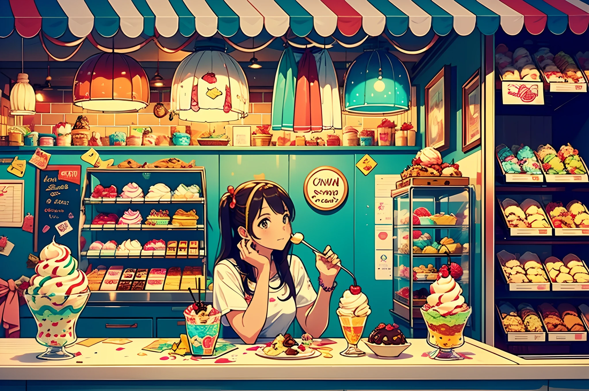 (a girl fantasizing about eating some ice cream, craving), an ice cream parlor showcasing beautiful icecream cones of all kinds of flavors and sizes. decorated with cherries, banana splits, brownies with vanilla ice cream, choco-mint, choco chips, sprinkles, rainbow sprinkles, melting ice cream delicious, yummy, caramelized, caramel, syrup