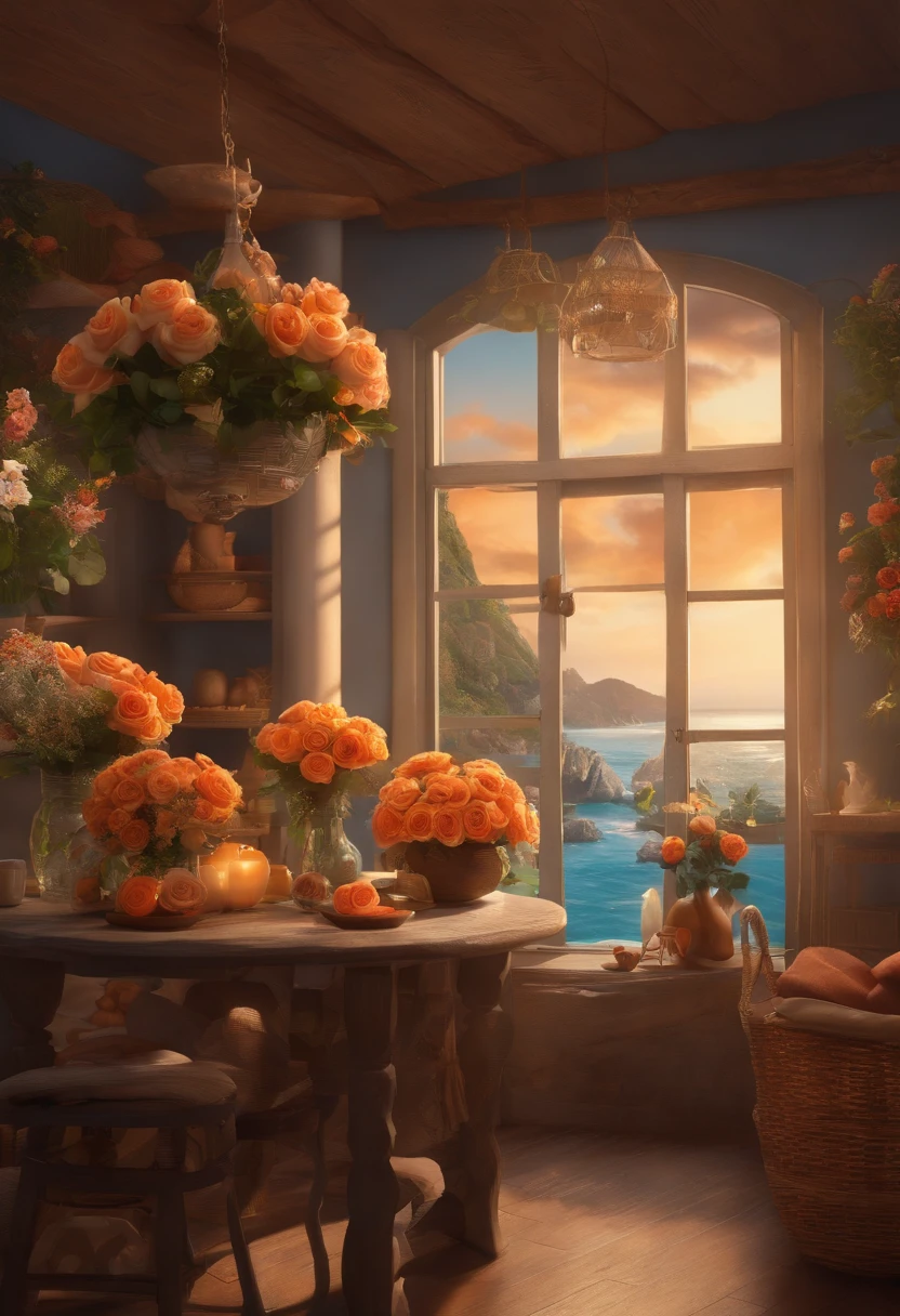 Seaside interior,florals,Flower shop,adolable,inside in room,Idyllic,exalted,hoang lap,ultra-realistic realism,Textured,max detail,Slr,Cute girl with braids,There are dimples and a big smile,Wrapped in a bouquet of orange roses,Blue sky,Colorful flowers are displayed on the table floor,Very beautiful picture。