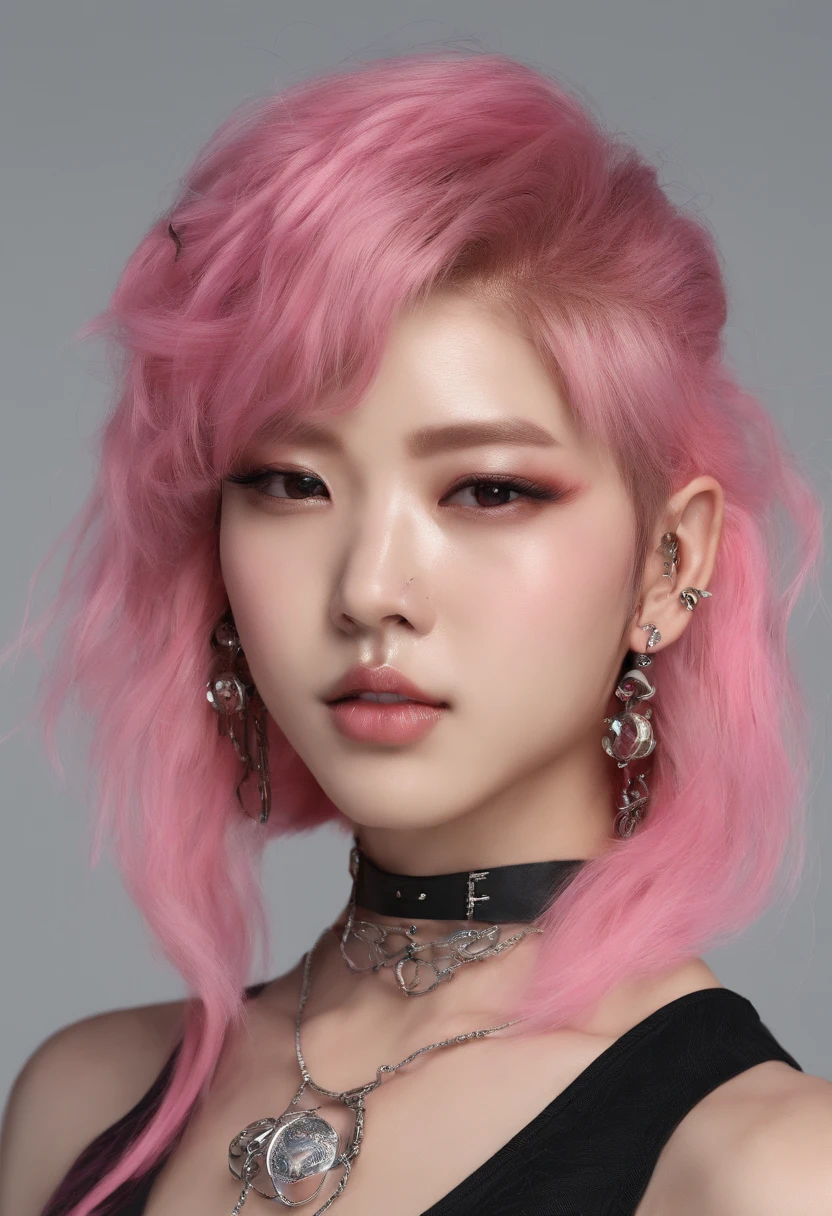 A beautiful Korean girl，Long pink hair，Tattooed with，full bodyesbian，Wearing a punk collar，Wear a black sleeveless punk bandeau，Wear ultra-short punk hot pants，Wear Martin boots，Bad girl，s the perfect face，Put on light makeup，Wear a ruby ring，Cool and funky style，Rapper，Have on the street，Ultra photo realsisim，8K