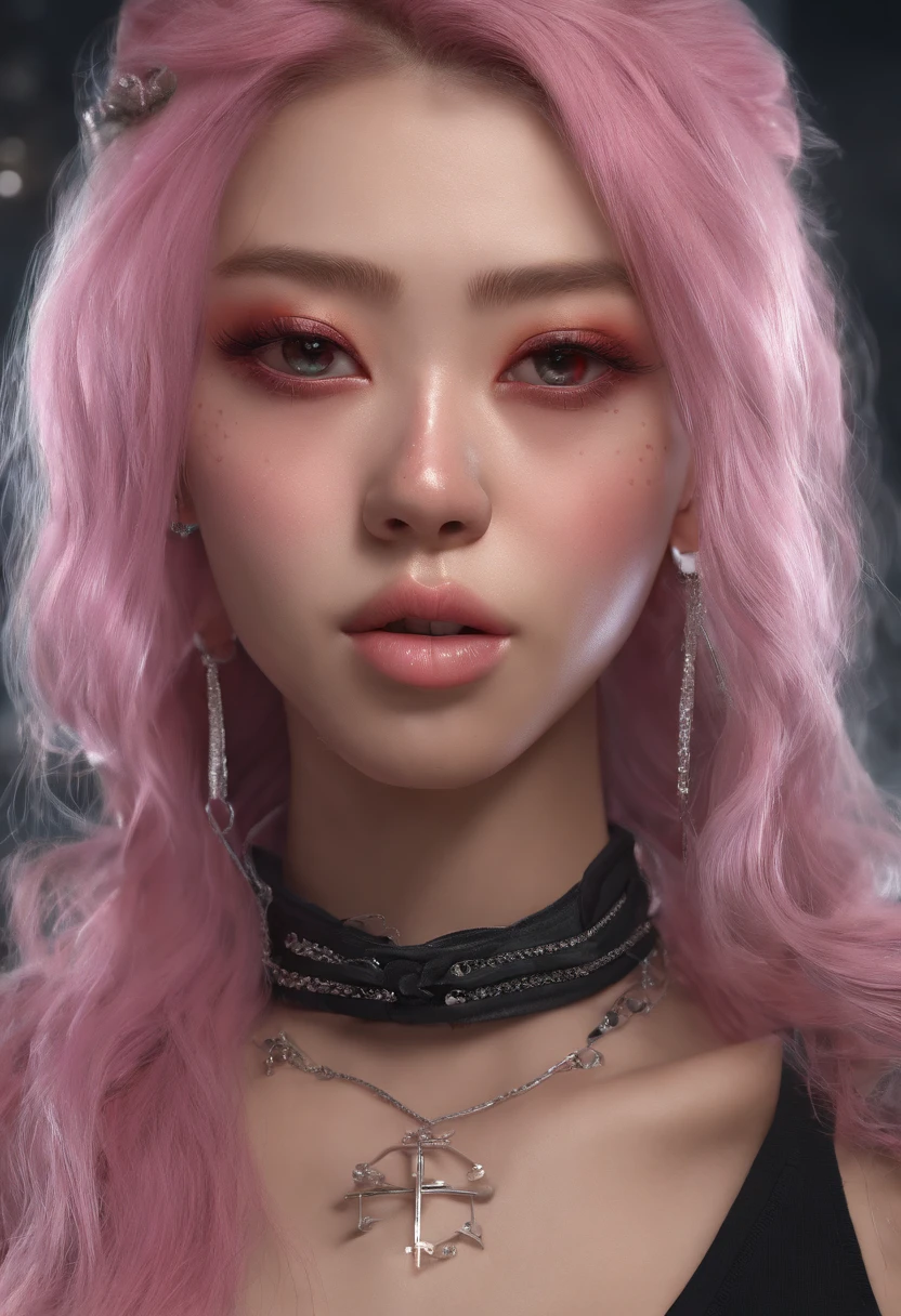 A beautiful Korean girl，Beautiful face of the girl group，Long pink hair，Tattooed with，full bodyesbian，Wearing a punk collar，Wear a black sleeveless punk bandeau，Wear ultra-short punk hot pants，Wear Martin boots，Bad girl，s the perfect face，Put on light makeup，Wear a ruby ring，Cool and funky style，Rapper，Have on the street，Ultra photo realsisim，8K