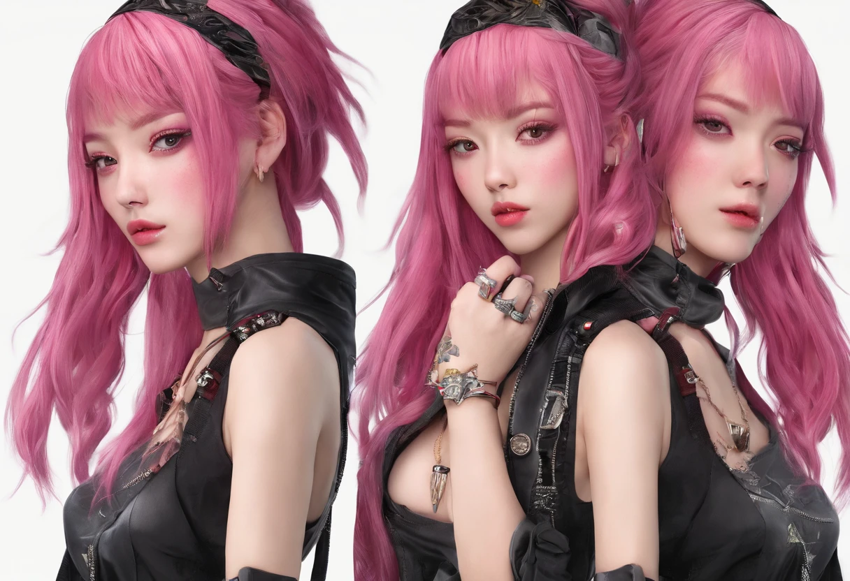 A beautiful Korean girl,Long pink hair,Tattooed with,full bodyesbian,Wearing a punk collar,Wear a black sleeveless punk bandeau,Wear ultra-short punk hot pants,Wear Martin boots,Bad girl,s the perfect face,Put on light makeup,Wear a ruby ring,Cool and funky style,Rapper,Have on the street,Ultra photo realsisim,8K