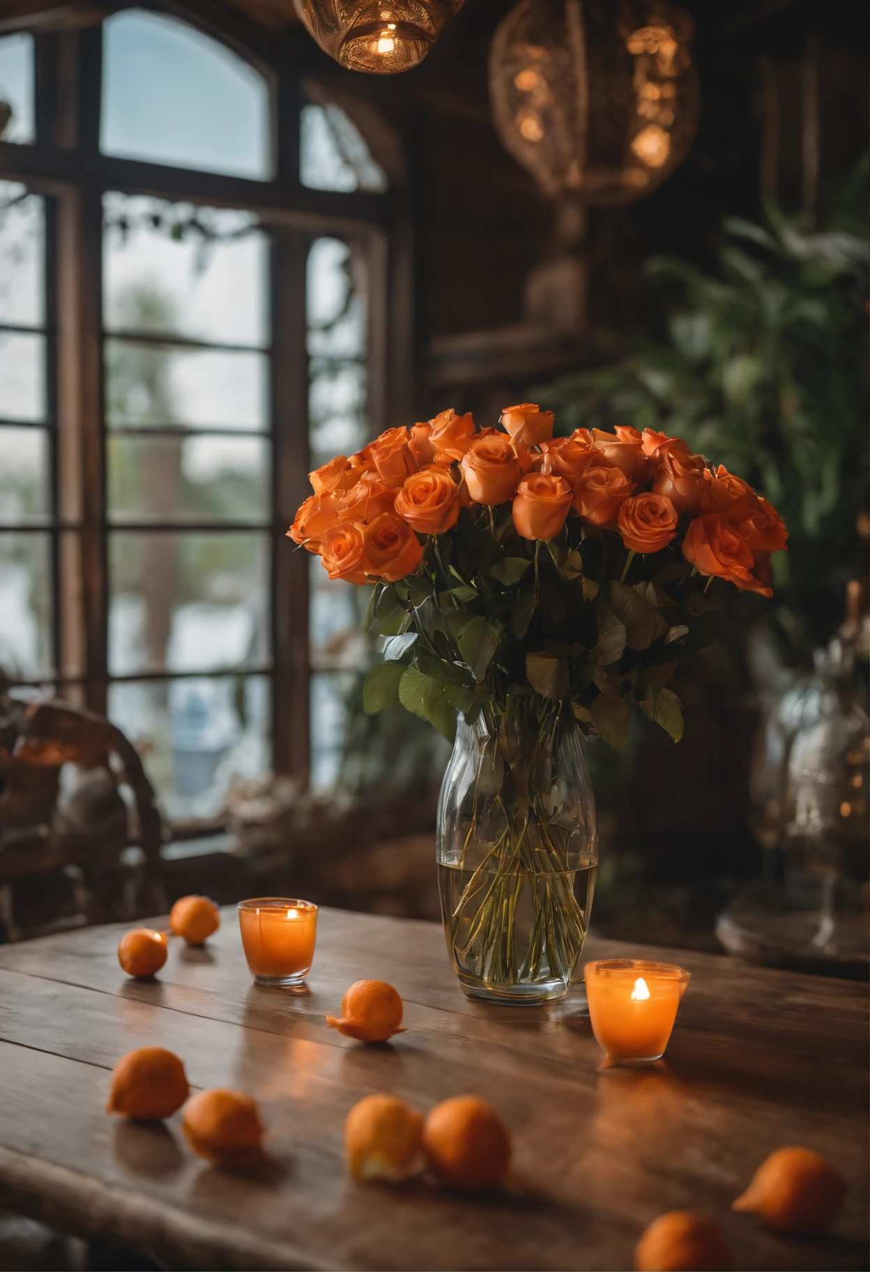 Seaside interior,florals,Flower shop,adolable,inside in room,Idyllic,exalted,hoang lap,ultra-realistic realism,Textured,max detail,Slr,Cute girl with braids,There are dimples and a big smile,Wrapped in a bouquet of orange roses,Blue sky,Colorful flowers are displayed on the table floor,Very beautiful picture。