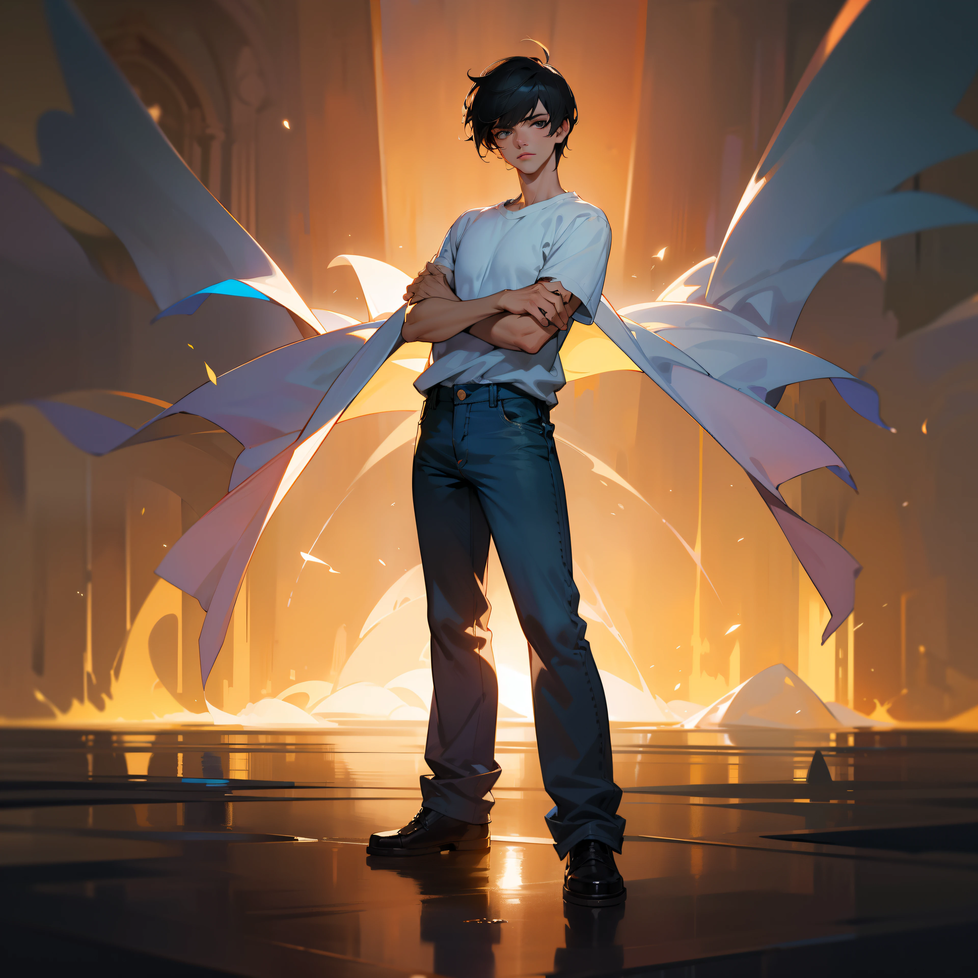 tmasterpiece,Need,Boys are needed,Extremely handsome,Need,White T-shirt,denim pant,super-fine,Need,Need,with short black hair,damp hair,short detailed hair,A high resolution,Need,Libido boy,Need,illustratio, looking at viewert, peacful,Frigidity,standing with arms crossed,full body shot shot,Realistic, Realist,Real,