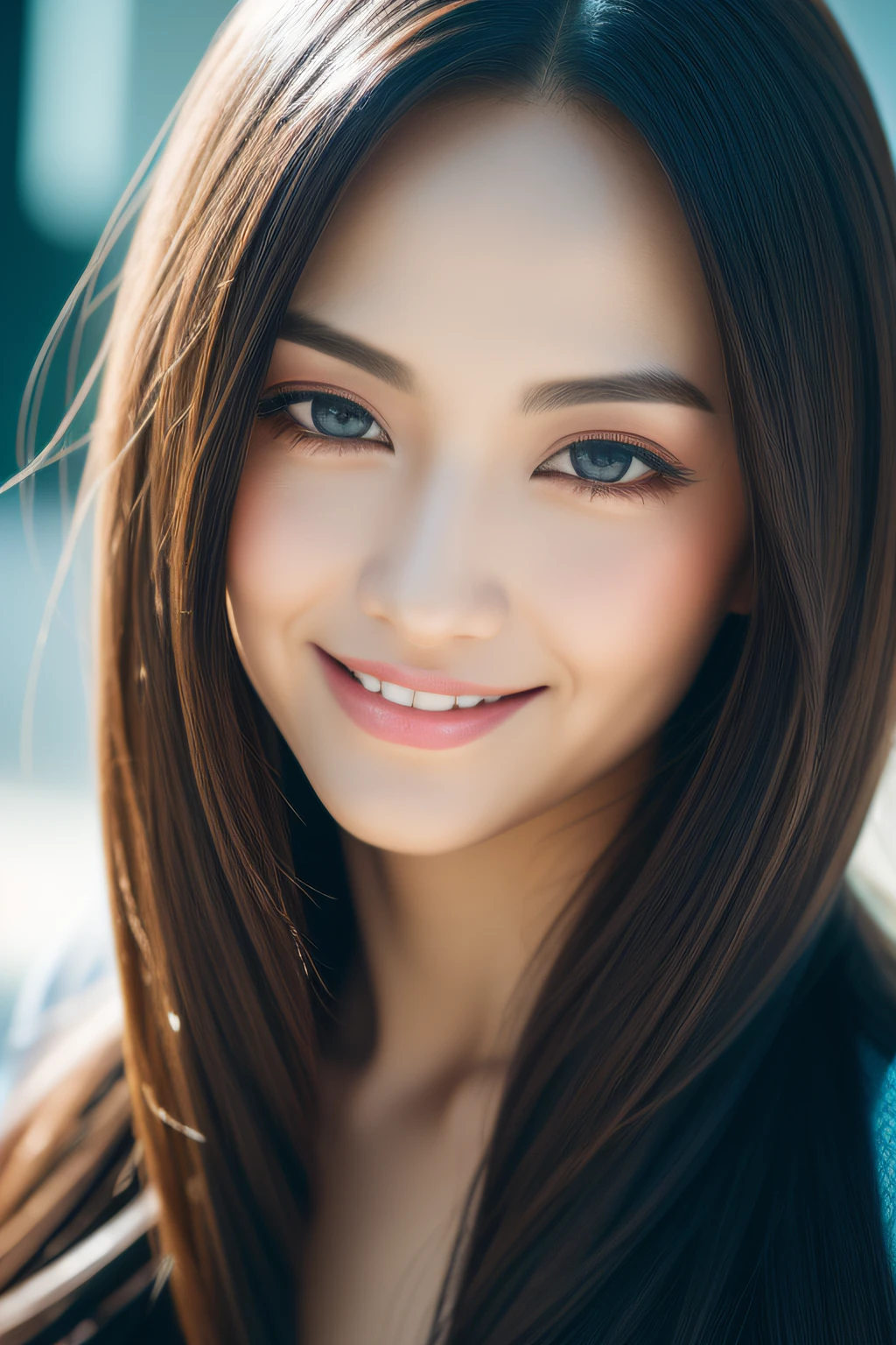 A beautiful woman with beautiful eyes and nose、Beautiful as a model、Cute like a model、Double Eyes、How to use regular mascara、Eye color: blue、Hair Color: Pink、Her face is delicate and elegant.、4K images、Beautiful style like a model、Ordinary、A fresh and lovely smile、Pose like a model、Full Portrait、snap shot、Glamouroid Smile、Beautiful and delicate face like a model、Highest quality、Masseter muscle area、In a bright room、