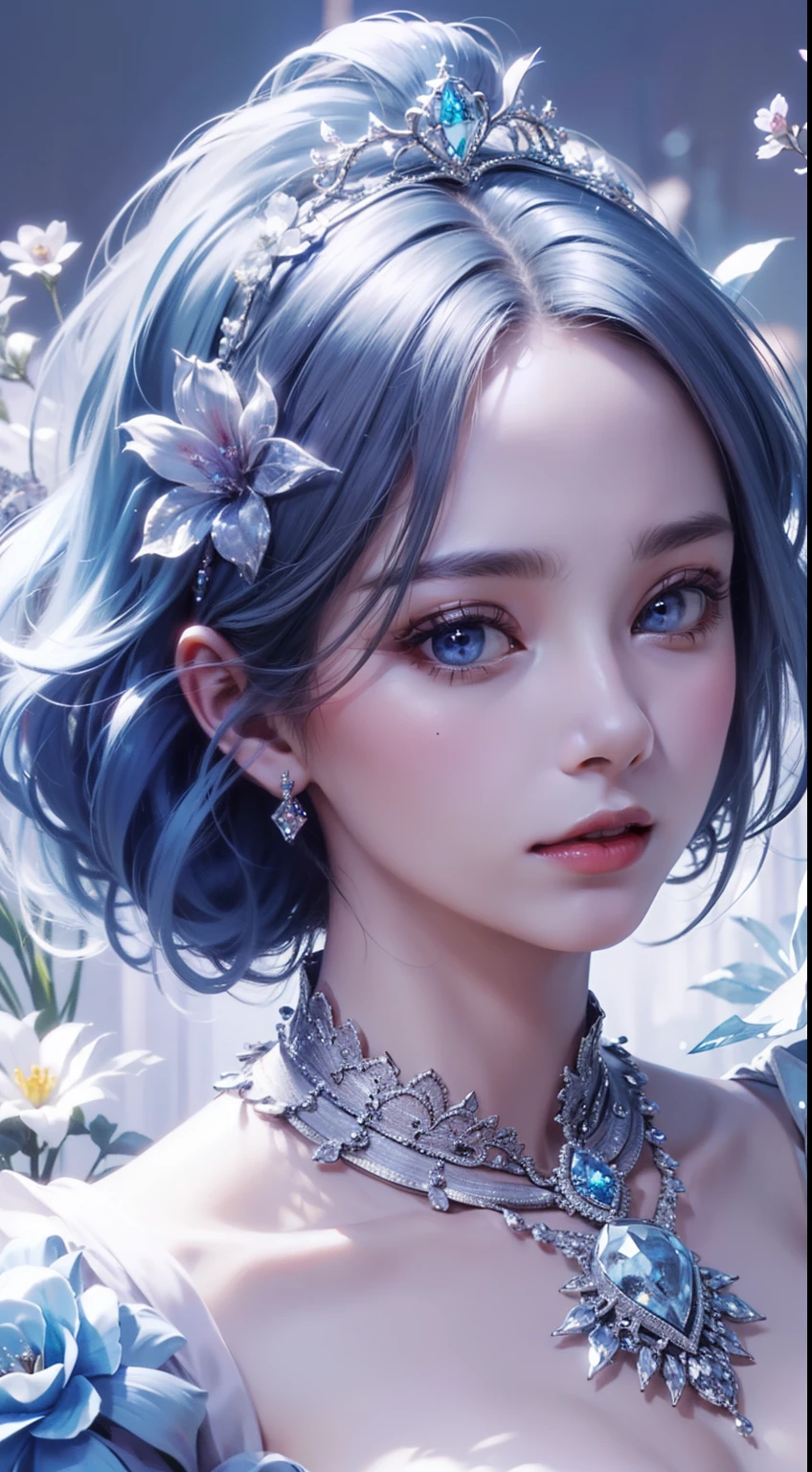 tmasterpiece，Highest high resolution，((magic orb))，Dynamic bust of a beautiful aristocratic maiden，Blue hair is gracefully curled，（(Wearing a crown of huge flowers))，Purple clear eyes，(((Hair is covered with beautiful and delicate floral craftsmanship, Crystal Jewelry Filigree)))，Ultra-detailed details，upscaled，The Earth Rises。