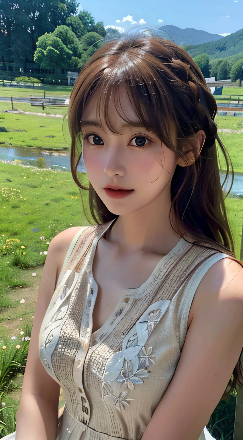 (From the top:1),((1girl in)),Light brown fringed hair、Braided hair、Disheveled hair、Light brown eyes、(Dignified Expression)、(Floral dress),(爆乳)、No shoulders、vests、((fullnude))、((Emphasize the valley))、grassy fields、blue-sky、(Photorealsitic)、(intricately details:1.2)、(tmasterpiece、:1.3)、(top-quality:1.4)、(超A high resolution:1.2)、超A high resolution、(A detailed eye)、(Detailed facial features)