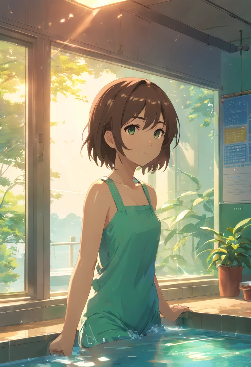 (((menina oi-escola))), ((figura esbelta)), ((banho)), Cor do cabelo verde esmeralda, cabelos curtos, A mais alta qualidade de imagem, alta qualidade, alto detalhamento, 超A high resolution, 8k, profundidade de campos, Cinematography, detalhes intrincados, elaborar, meticuloso, Magnificent, Maximum detail, Beleza extrema