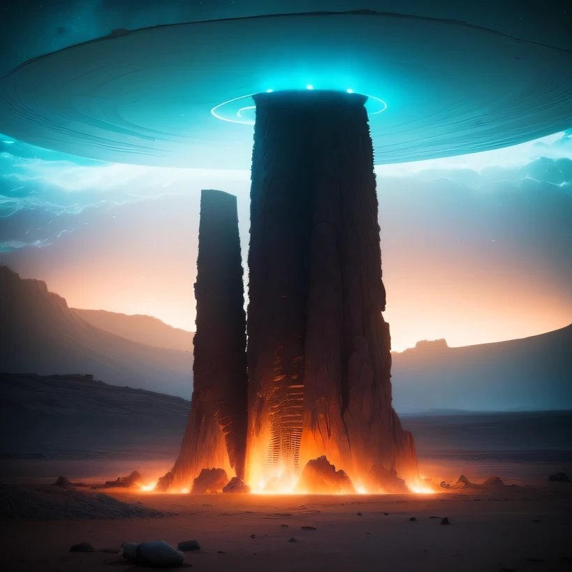 Alien base (Very detailed) In the mountainous desert,There are several exhaust fans and chimneys, Some spotlights come out of the base to illuminate dark places, (Extreme nights), Some clouds in the night sky, Some of the surrounding planets provide air to unknown planets,The farthest giant volcano is erupting