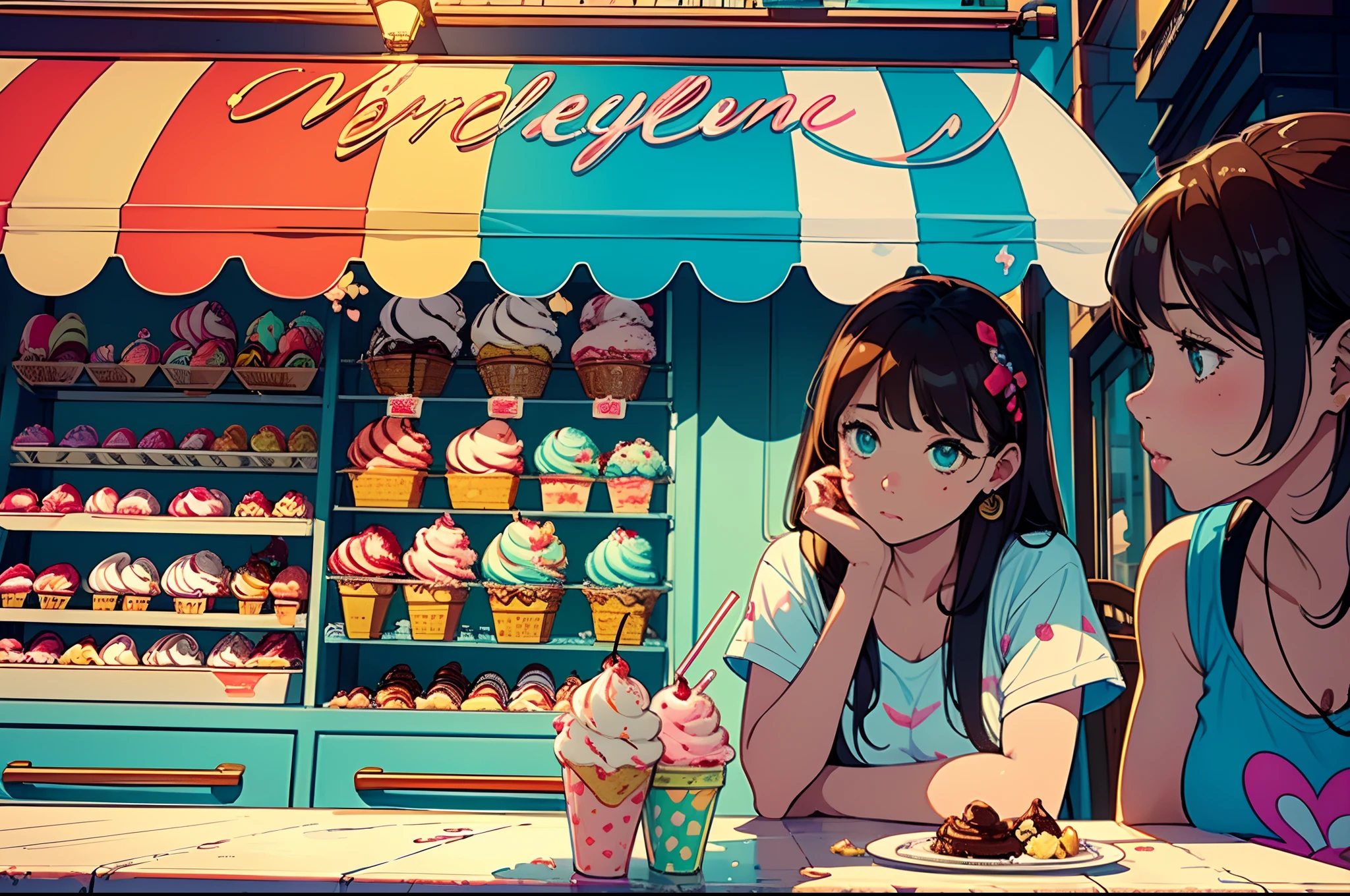 (a girl fantasizing about eating some ice cream, craving), an ice cream parlor showcasing beautiful icecream cones of all kinds of flavors and sizes. decorated with cherries, banana splits, brownies with vanilla ice cream, choco-mint, choco chips, sprinkles, rainbow sprinkles, melting ice cream delicious, yummy, caramelized, caramel, syrup