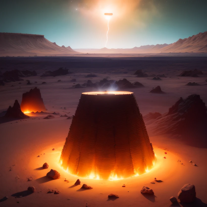 Alien base (Very detailed) In the mountainous desert,There are several exhaust fans and chimneys, Some spotlights come out of the base to illuminate dark places, (Extreme nights), Some clouds in the night sky, Some of the surrounding planets provide air to unknown planets,The farthest giant volcano is erupting