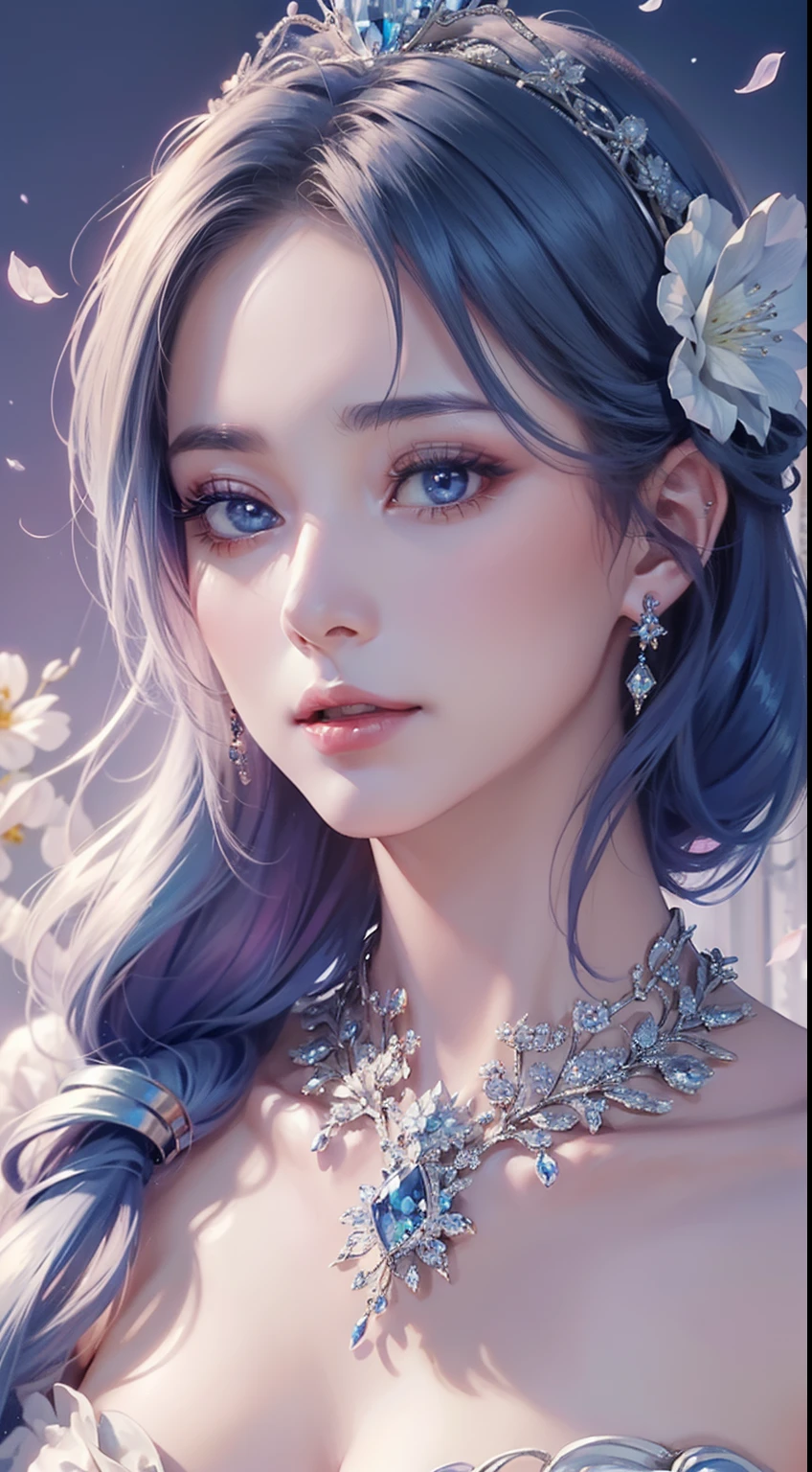 tmasterpiece,Highest high resolution,((magic orb)),Dynamic bust of a beautiful aristocratic maiden,Blue hair is gracefully curled,((Wearing a crown of huge flowers)),Purple clear eyes,(((Hair is covered with beautiful and delicate floral craftsmanship, Crystal Jewelry Filigree))),Ultra-detailed details,upscaled,The Earth Rises。