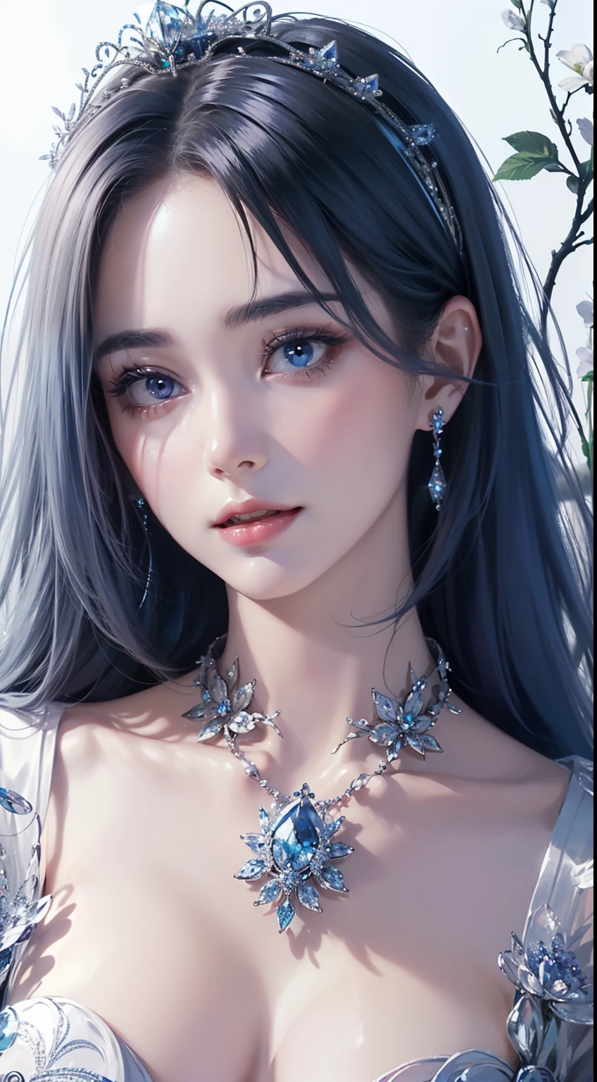 tmasterpiece,Highest high resolution,((magic orb)),Dynamic bust of a beautiful aristocratic maiden,Blue hair is gracefully curled,((Wearing a crown of huge flowers)),Purple clear eyes,(((Hair is covered with beautiful and delicate floral craftsmanship, Crystal Jewelry Filigree))),Ultra-detailed details,upscaled,The Earth Rises。