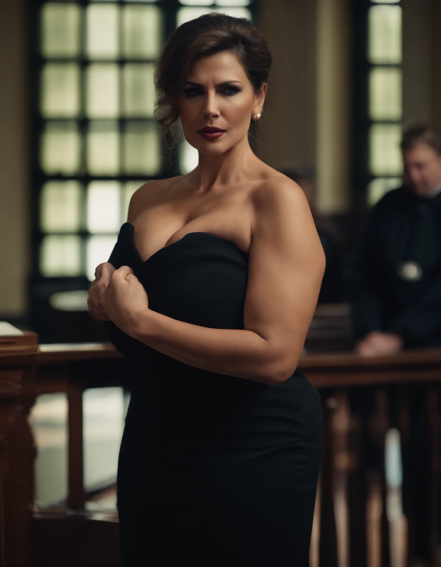 Female judge with huge tits popping out of gown gives defendant handjob while sucking plaintiff’s dick