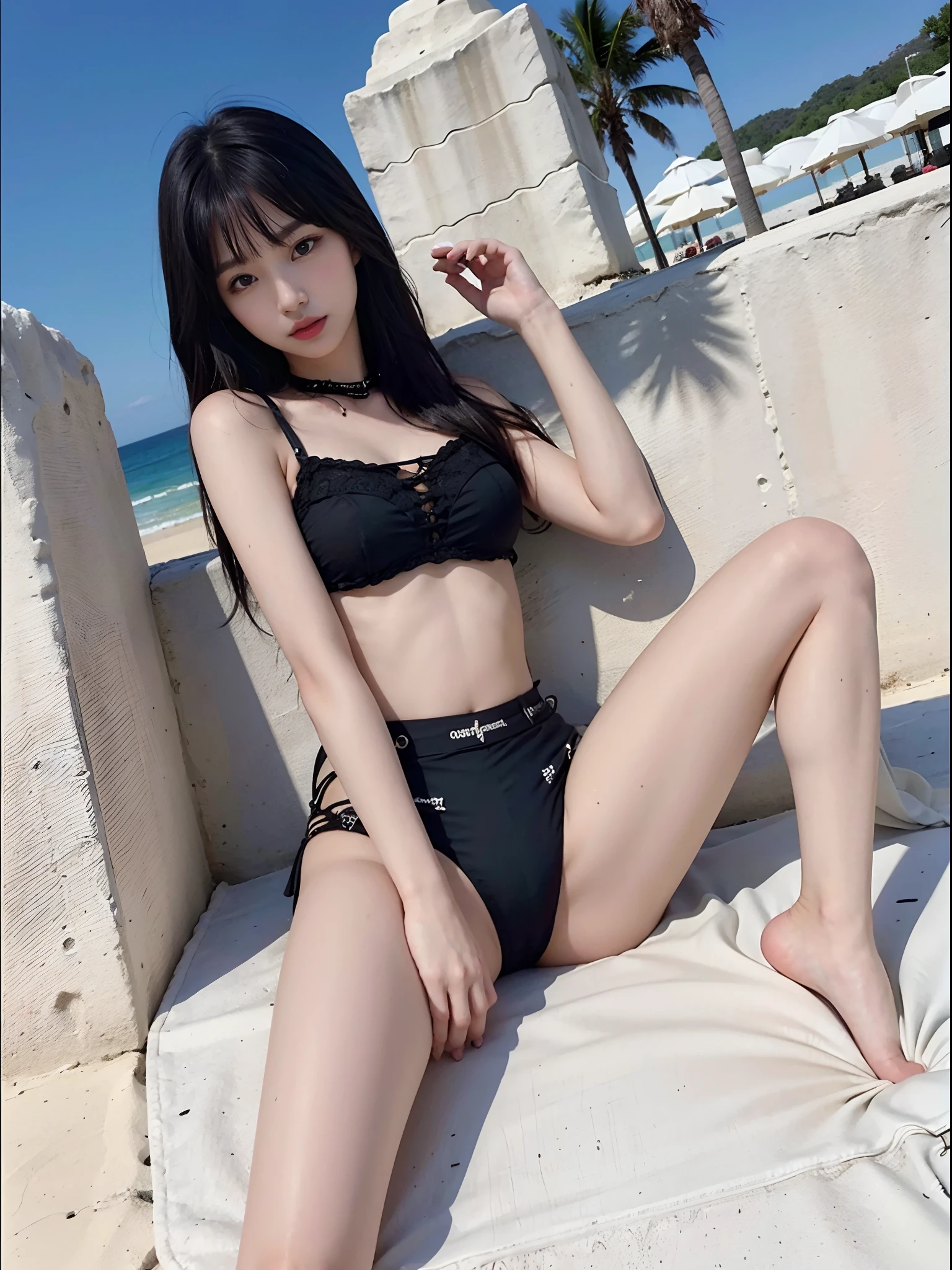 tmasterpiece, hiquality, Detailing, Hot Girl, Beach, Wet, spreading legs, sitted, Thongs, Viewers look from bottom to top, close to viewer,
