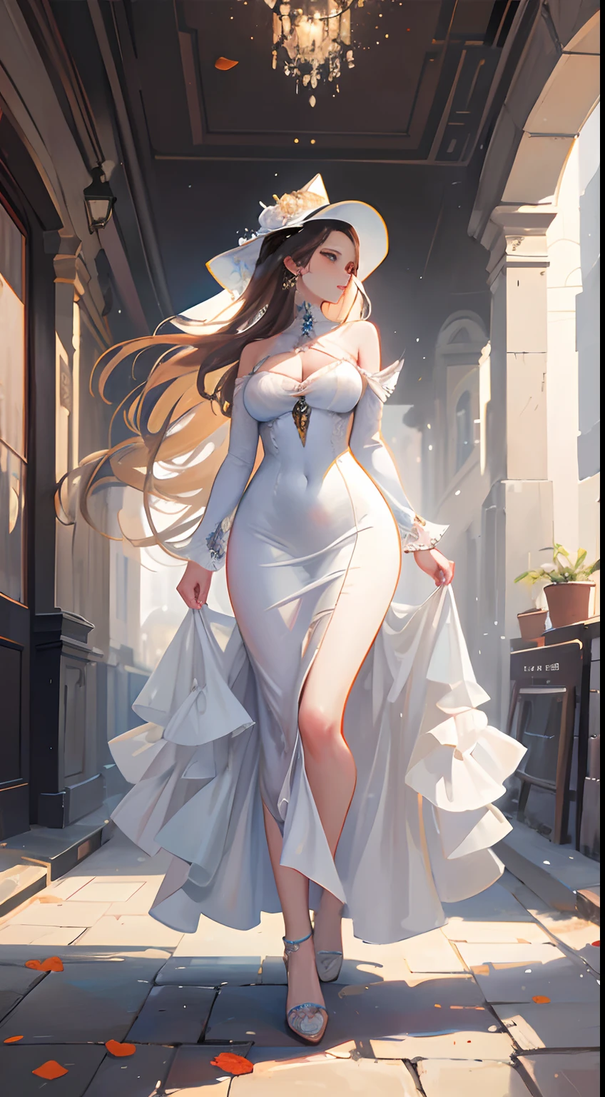 Pintura de una mujer caminando por una calle con un sombrero blanco, Elegant oil painting, Una hermosa mujer vestida de blanco, vestido sexy elegante mujer, Curvaceous Body, oil painting style, hermosa pintura de un alto, Dmitry Spiros, Pintura bella, inspirado por Michael Garmash, Elegante pintura digital, Romantic painting, hermosa Pintura, fine art oil painting, Pintura elegante y refinada