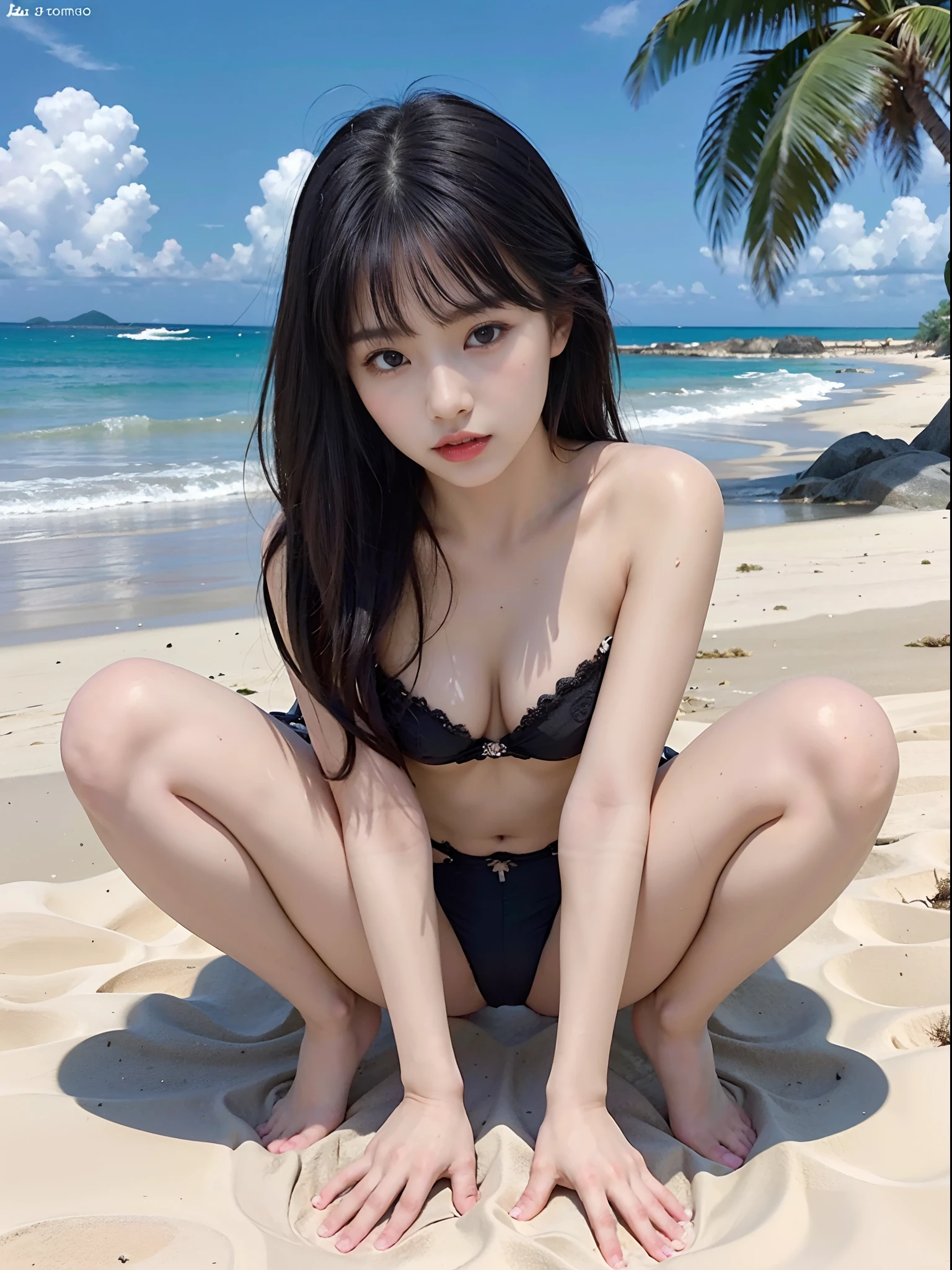 tmasterpiece, hiquality, Detailing, Hot Girl, Beach, Wet, spreading legs, sitted, Thongs, Viewers look from bottom to top, close to viewer,