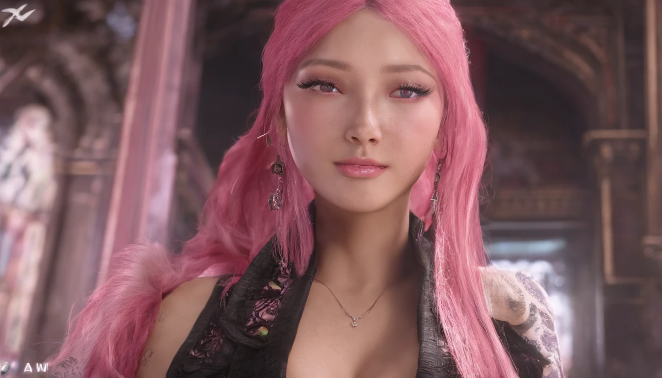 A beautiful Korean girl,Long pink hair,Tattooed with,full bodyesbian,Wearing a collar,Wear a black lace bra,Wear black lace panties,Wear stiletto heels,Wear black pantyhose,Bad girl,s the perfect face,Put on light makeup,Wear a ruby ring,Cool and funky style,On the dance floor,Ultra photo realsisim,8K