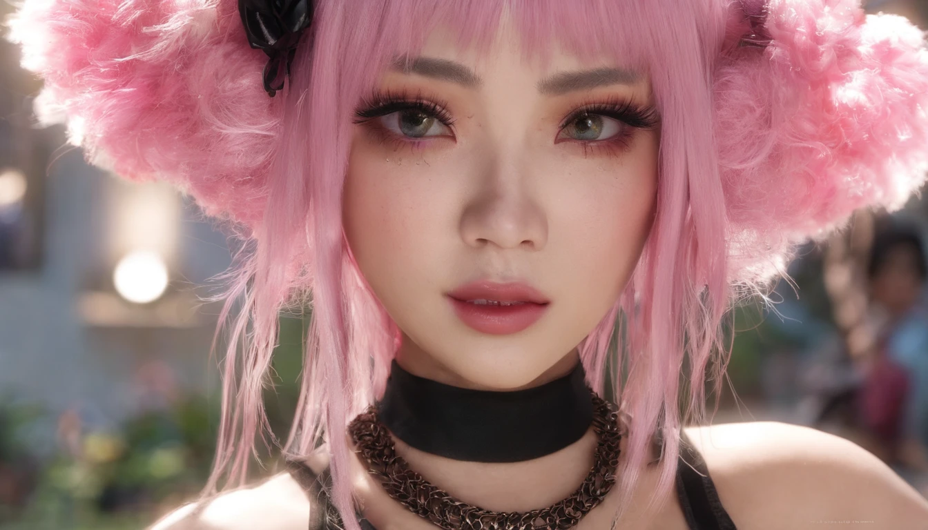 A beautiful Korean girl,Long pink hair,Tattooed with,full bodyesbian,Wearing a collar,Wear a black lace bra,Wear black lace panties,Wear stiletto heels,Wear black pantyhose,Bad girl,s the perfect face,Put on light makeup,Wear a ruby ring,Cool and funky style,On the dance floor,Ultra photo realsisim,8K