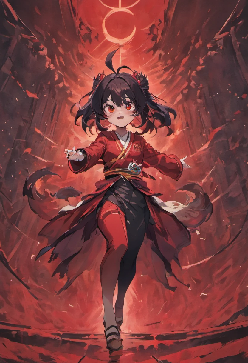 mythological beasts，Tengu，Black hair，Red eyes，Horror represses，People are small，Dogs are the big background，repression，There is fog on both sides，There is a dazzling light behind the background of the dog