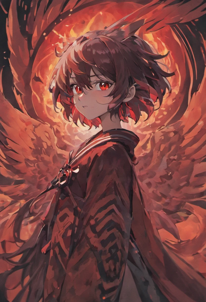 mythological beasts,Tengu,Black hair,Red eyes,Horror represses,People are small,Dogs are the big background,repression,There is fog on both sides,There is a dazzling light behind the background of the dog