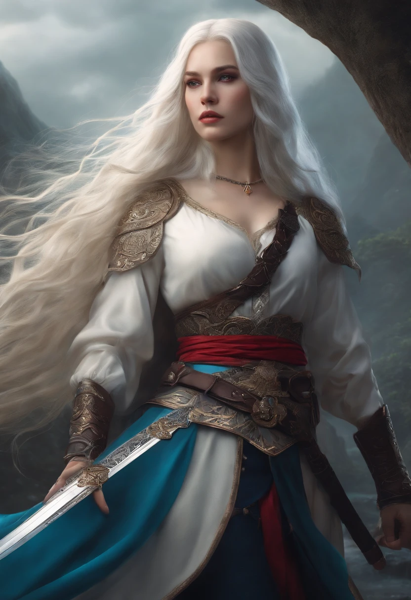 1 girl with long white hair with a sword