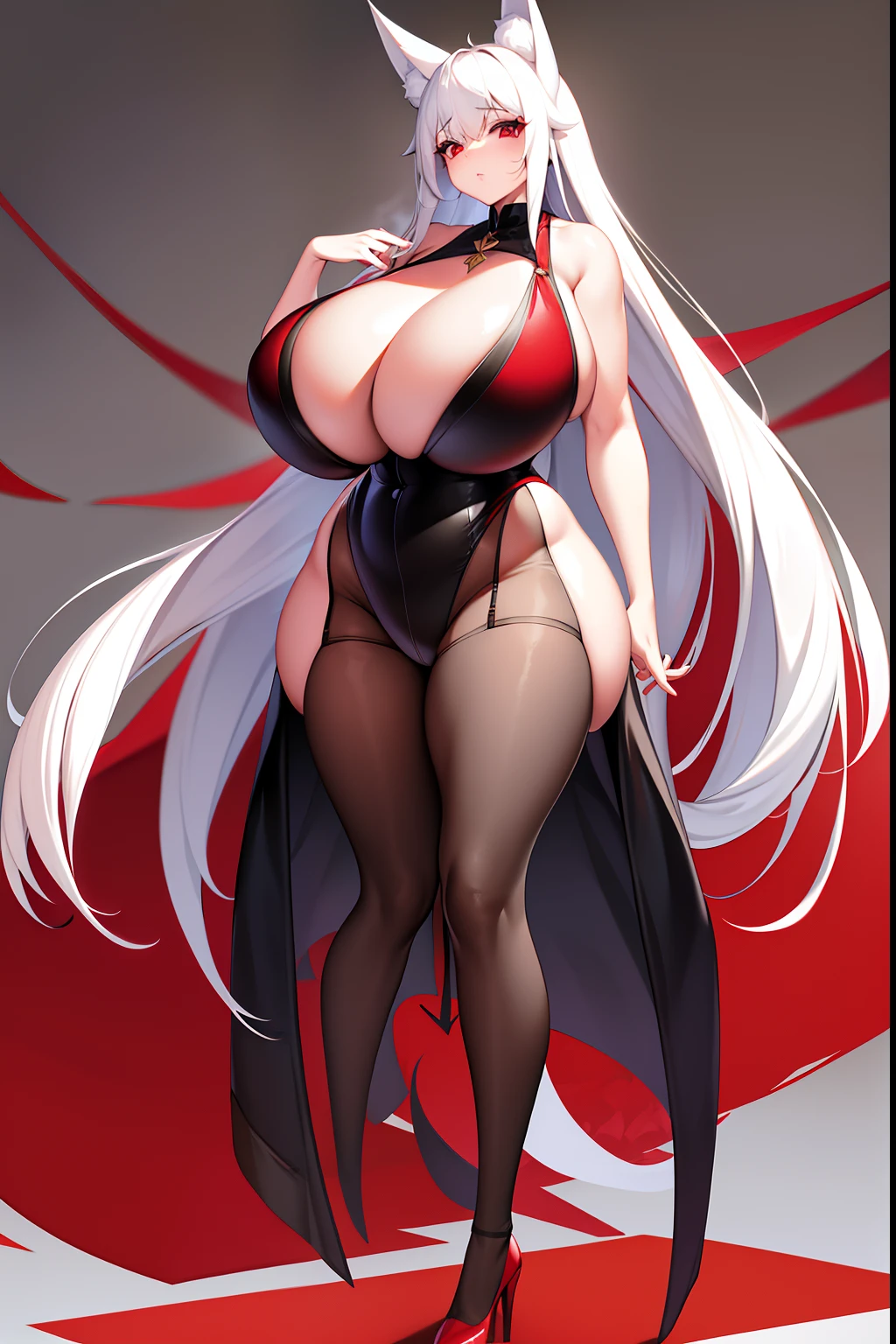 long  white hair，red pupils，fox demon，age 5，Short height，gnome，cropped legs，huge tit，爆乳，Extra large，A sagging breast，plumw，fat hips，Thin leg，black reotard，Charming，high-heels
