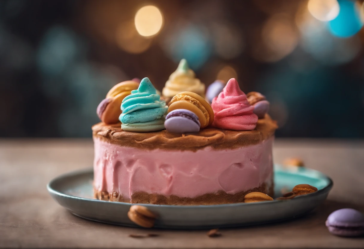 Ice cream shaped and colored spaceship flying over a candy world, fantasy, spectacular, macaron color, masterpiece, ultra clear, extreme details