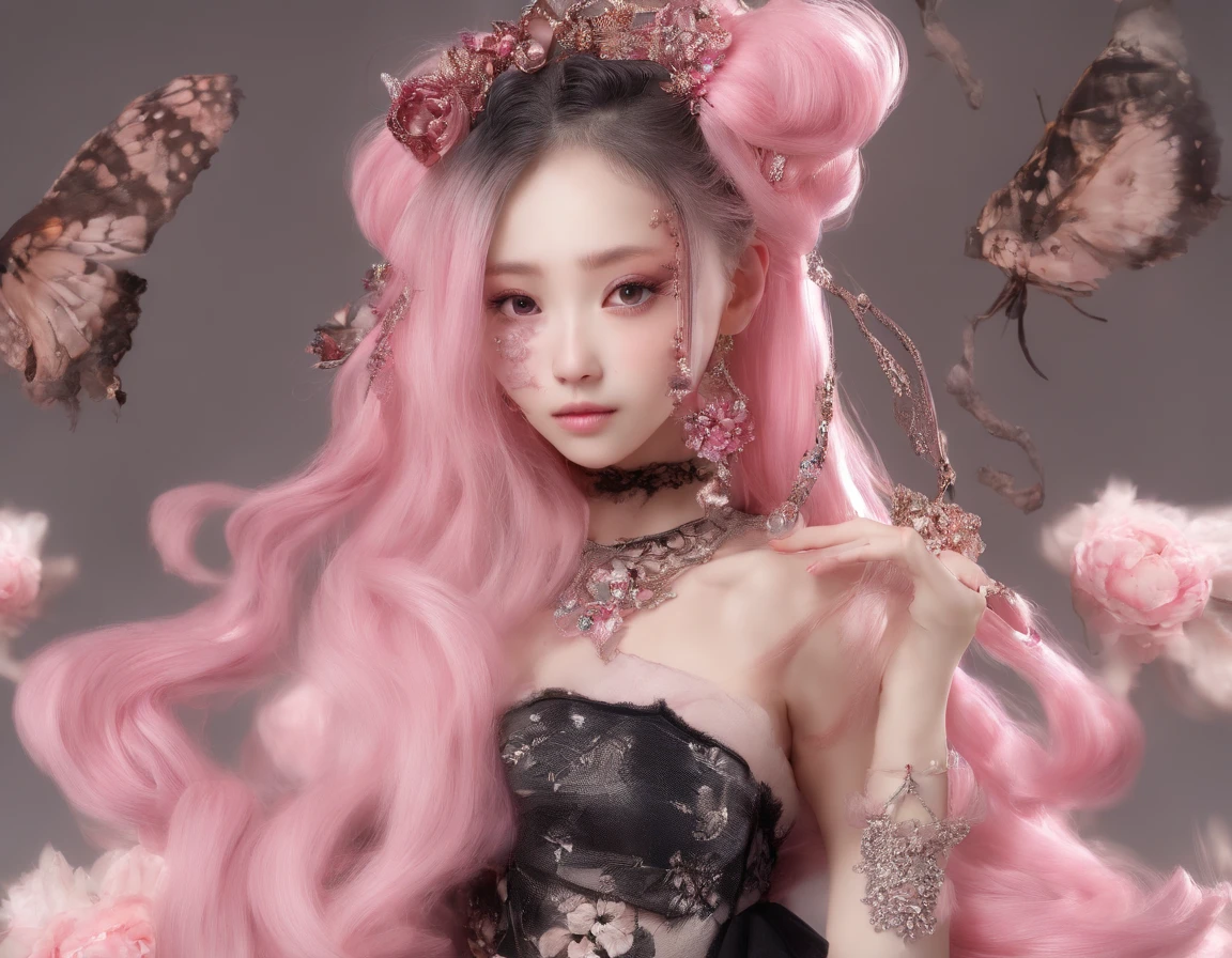 A beautiful Korean girl,Long pink hair,Tattooed with,full bodyesbian,Wearing a collar,Wear a black lace bra,Wear black lace panties,Wear stiletto heels,Wear black pantyhose,Bad girl,s the perfect face,Put on light makeup,Wear a ruby ring,Cool and funky style,On the dance floor,Ultra photo realsisim,8K