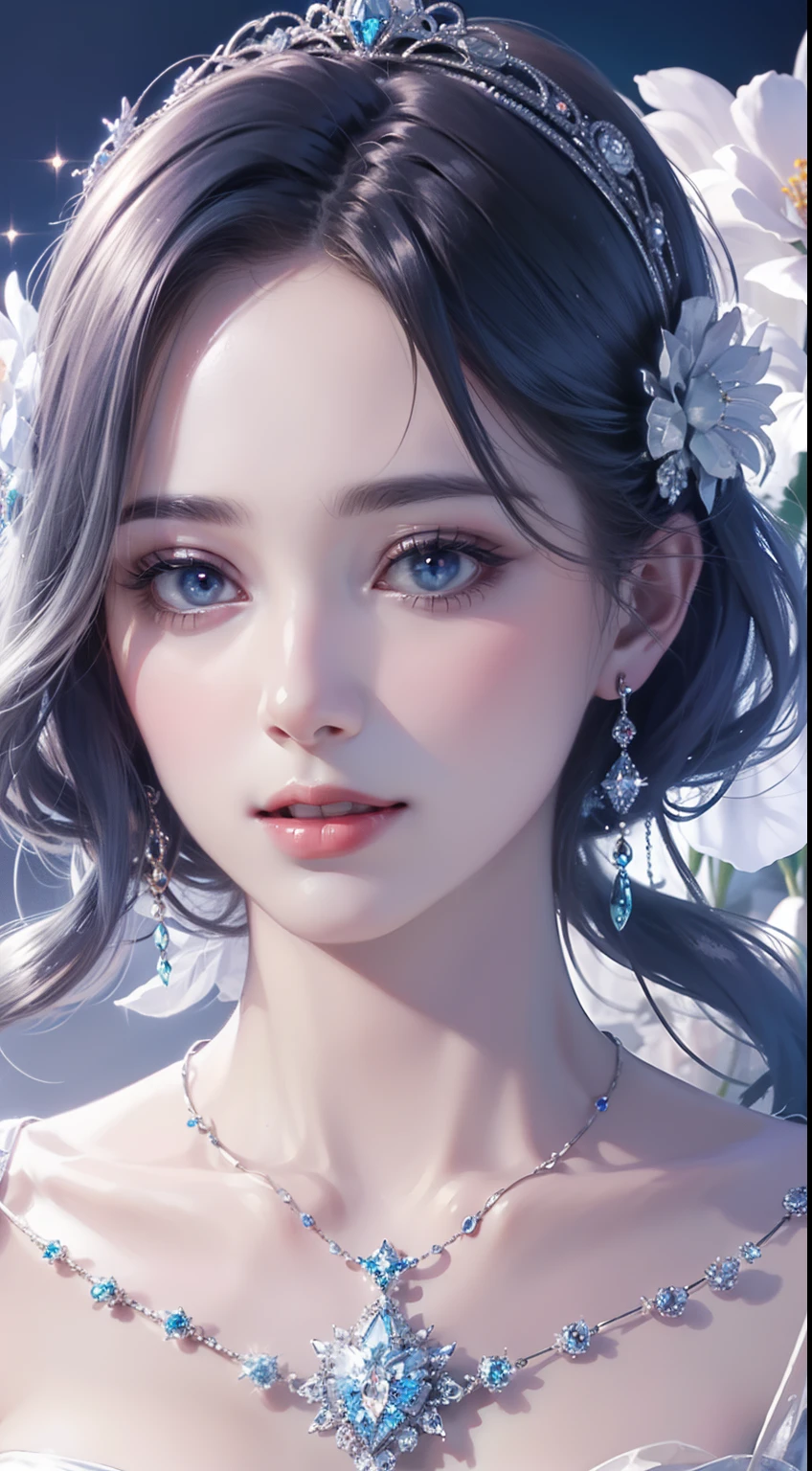 tmasterpiece，Highest high resolution，((magic orb))，Dynamic bust of a beautiful aristocratic maiden，Blue hair is gracefully curled，（(Wearing a crown of huge flowers))，Purple clear eyes，(((Hair is covered with beautiful and delicate floral craftsmanship, Crystal Jewelry Filigree)))，Ultra-detailed details，upscaled，The Earth Rises。