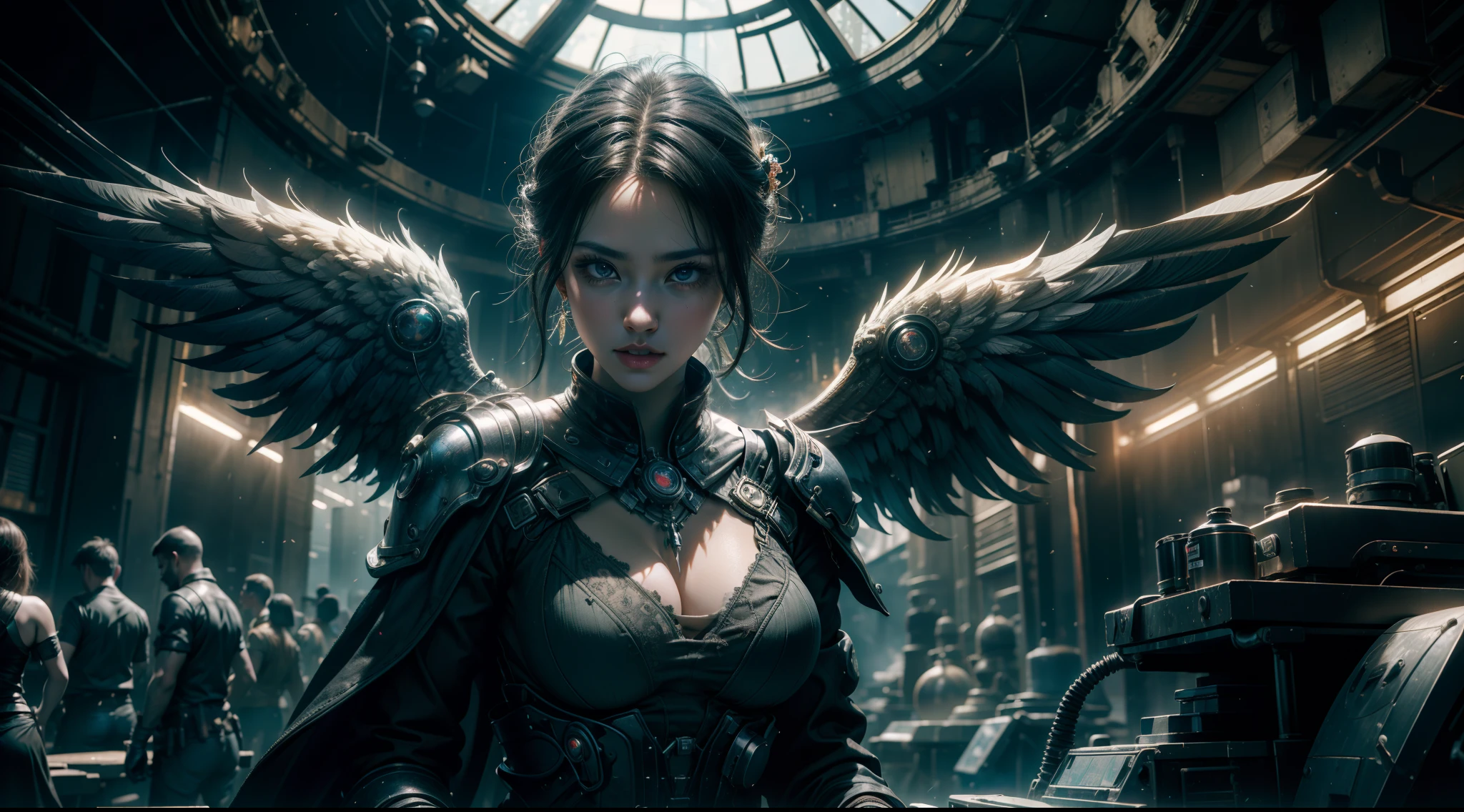 ((best qualtiy)), ((tmasterpiece)), ((Realistis)), (A detailed), (realisticlying:1.5),illusory engine, (High detail: 1.9),(femele:1.4),(big breasts beautiful: 1.4),(carismatic:1.3), (Large breasts), Female angel,Black feathered wings,beuaty girl,beauitful face, looking at viewert, dynamicposes, postapocalyptic, Destroyed city background, scientific fiction, hdr, Ray traching, NVIDIA RTX, Hyper-Resolution, Unreal 5, sub surface scattering, PBR textures, Post-processing, Anisotropic filtering, depth of fields, Maximum clarity and sharpness, trichotomy,8K original,(Luminous Particle:1.4),(VerydetailedCG,Unity 8k壁纸,cinmatic lighting,lens flare glow),Reflectors,Sharp focus,black toga,Raised sexy