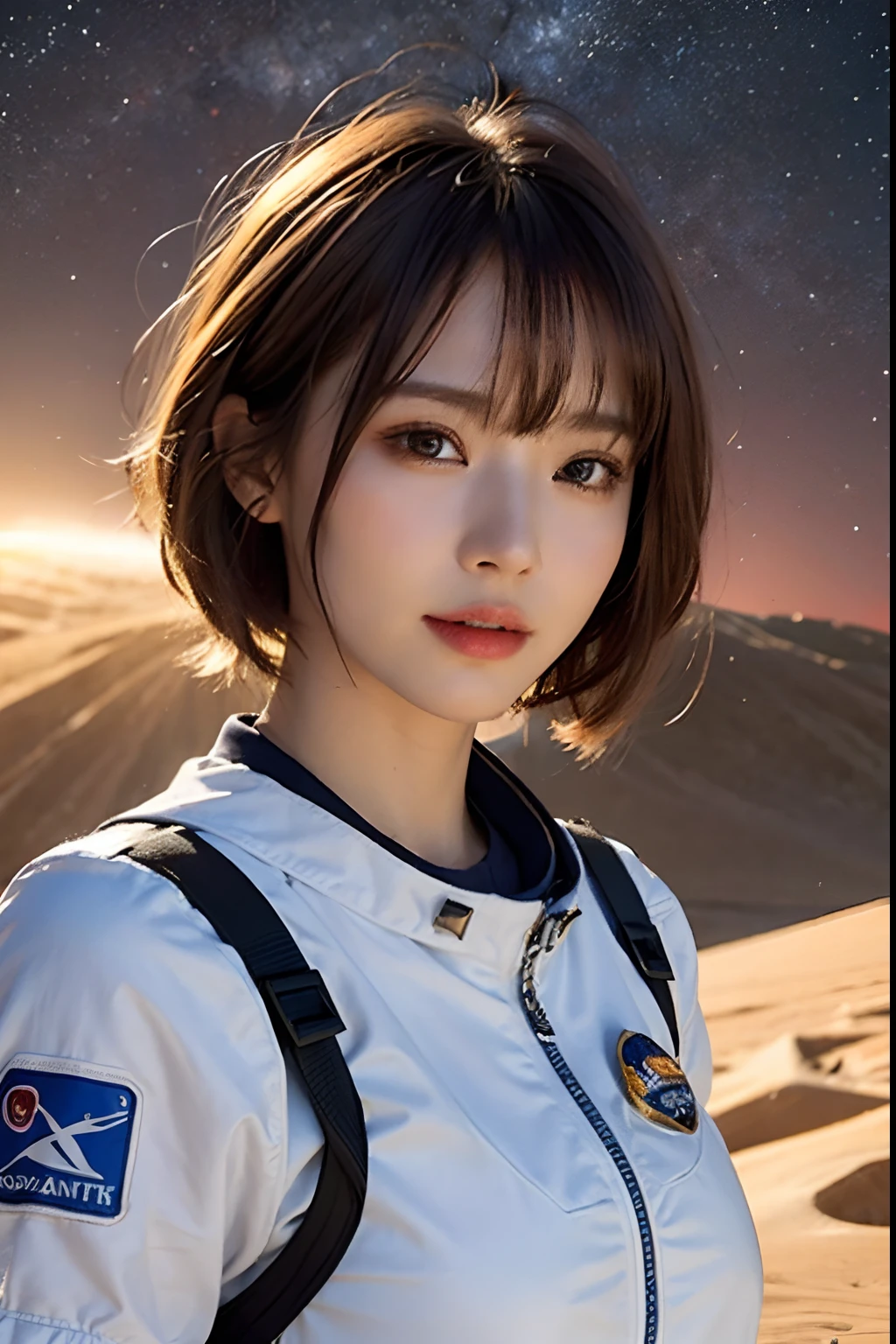 top-quality、​masterpiece、超A high resolution、(realisitic:1.4)、Beautuful Women１、Beautiful detail eyes and skin、ssmile、Light brown short-cut hair、The perfect spacesuit、spaceships、Mysterious planet、Red sky、sandstorm、