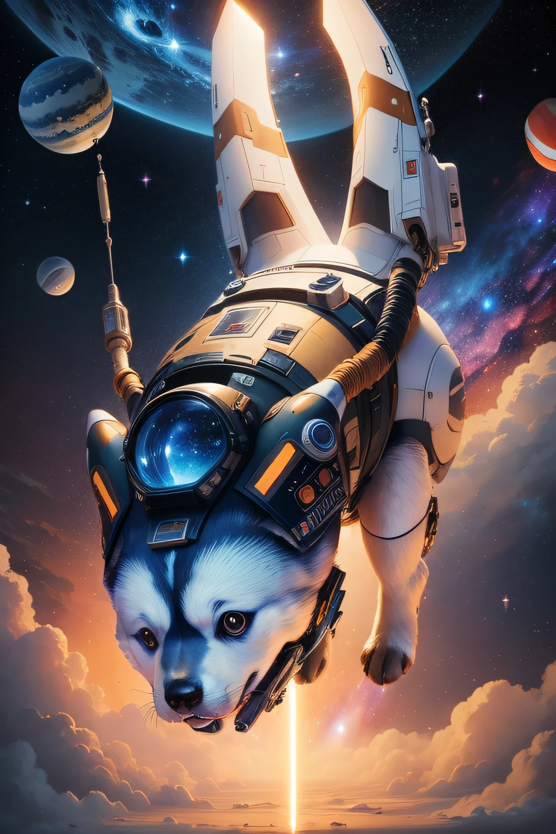 ((Best quality)), ((masterpiece)), ((anime)), detailed space dog, playing in space galaxy, spaceship, sci fi, spaceman, inspired by star wars