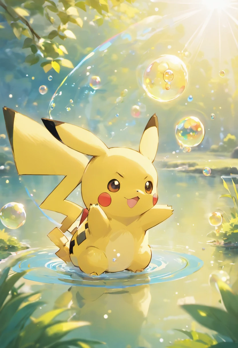 A touching scene in ultra-high definition 3D showcasing Pikachu making a wish beside a tranquil lake. Pikachu, beautifully rendered in detail, is seen gently blowing bubbles into the air, each one carrying a hopeful wish. The bubbles catch the reflection of the setting sun, creating a dreamy, magical effect. The overall atmosphere is tender, filled with hope and serenity, hatsune miku hairstyle