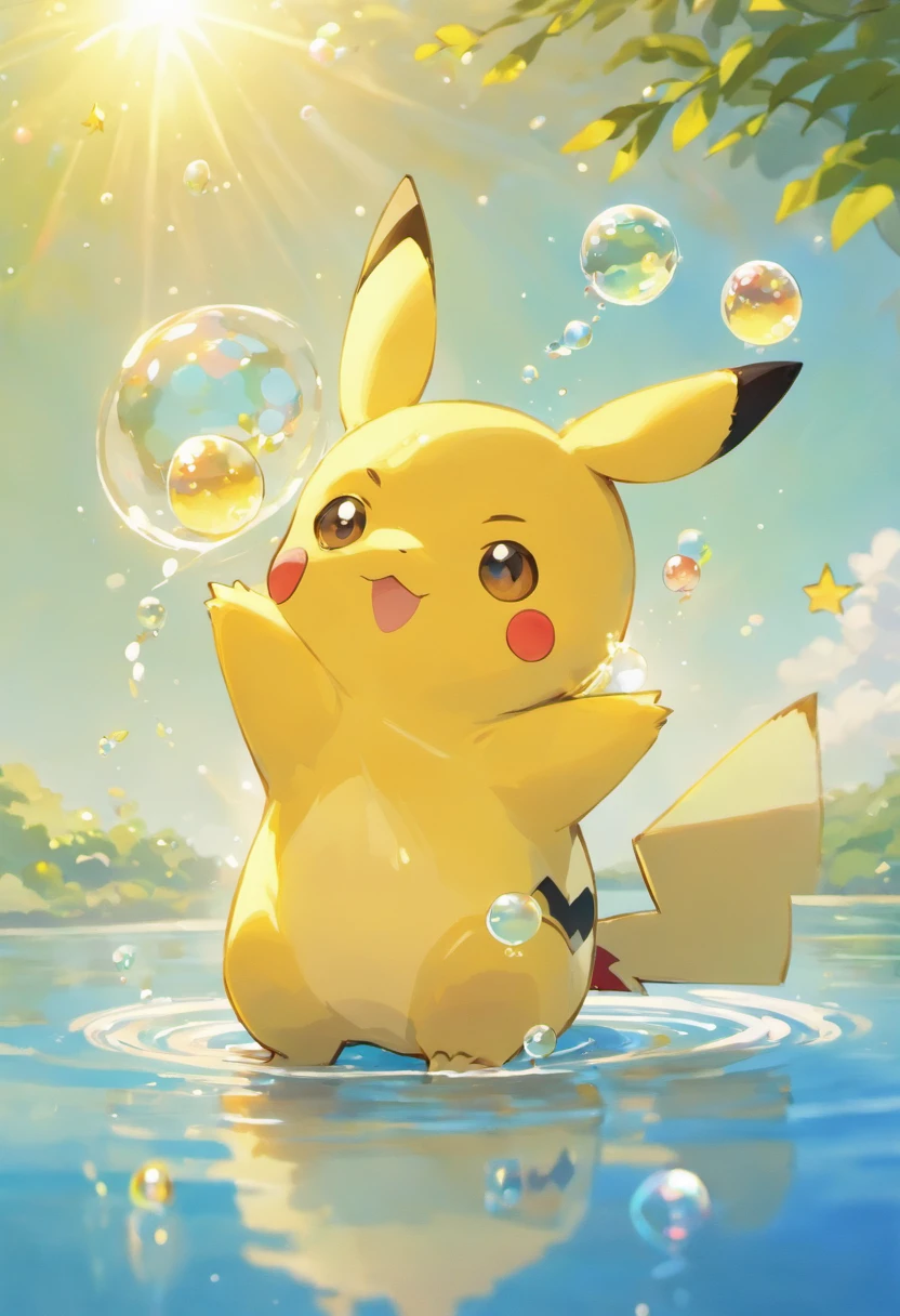 A touching scene in ultra-high definition 3D showcasing Pikachu making a wish beside a tranquil lake. Pikachu, beautifully rendered in detail, is seen gently blowing bubbles into the air, each one carrying a hopeful wish. The bubbles catch the reflection of the setting sun, creating a dreamy, magical effect. The overall atmosphere is tender, filled with hope and serenity, hatsune miku hairstyle