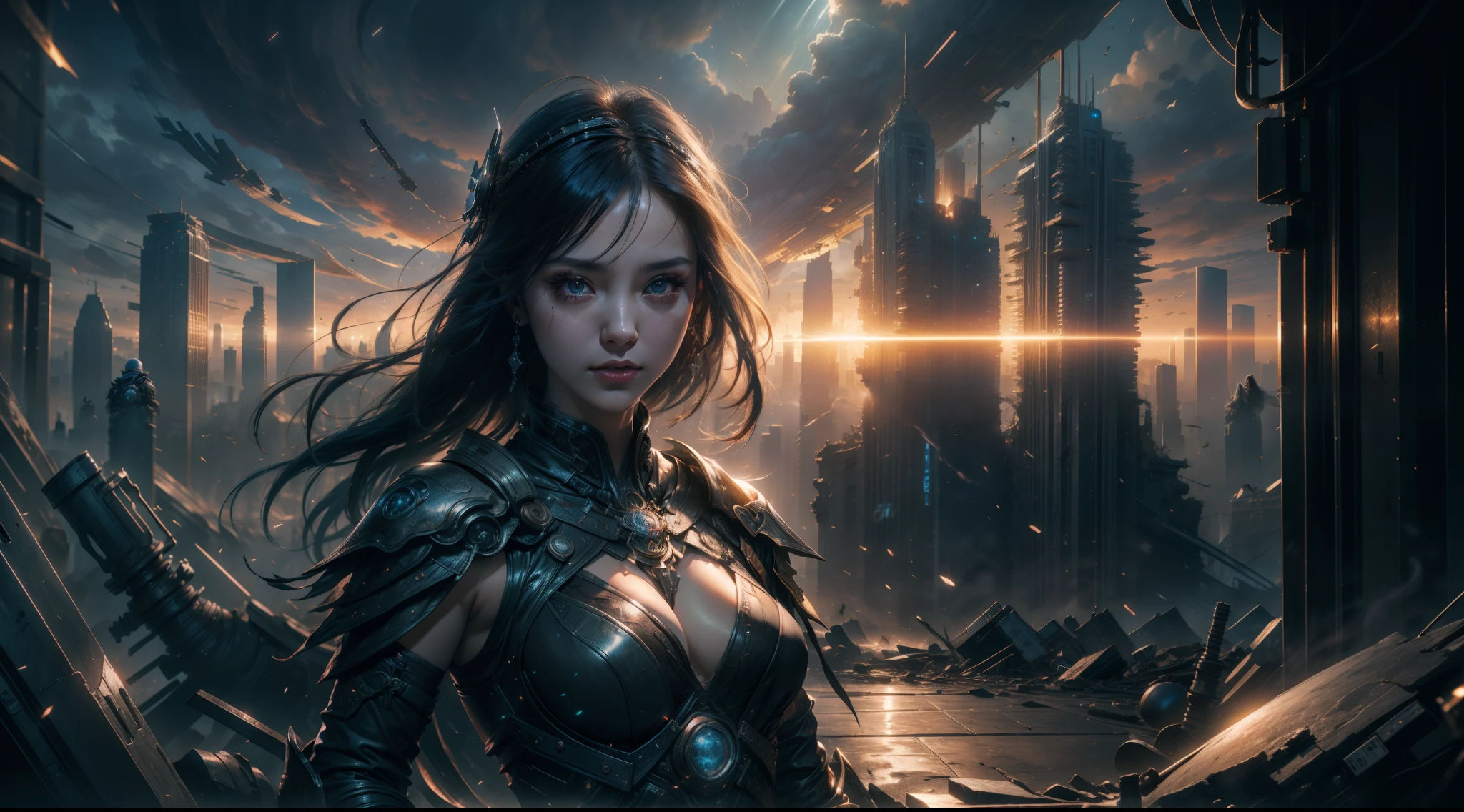 （（best qualtiy））， （（tmasterpiece））， （（Realistis））， （A detailed）， （realisticlying：1.5），illusory engine， (High detail: 1.9)，（femele：1.4），（big breasts beautiful： 1.4),(carismatic:1.3)， （Large breasts）， Female angel，Black feathered wings，beuaty girl，beauitful face， looking at viewert， dynamicposes， postapocalyptic， Destroyed city background， scientific fiction， hdr， Ray traching， NVIDIA RTX， Hyper-Resolution， Unreal 5， sub surface scattering， PBR textures， Post-processing， Anisotropic filtering， depth of fields， Maximum clarity and sharpness， trichotomy，8K original，（Luminous Particle：1.4），（VerydetailedCG，Unity 8k壁纸，cinmatic lighting，lens flare glow），Reflectors，Sharp focus，black toga，Raised sexy