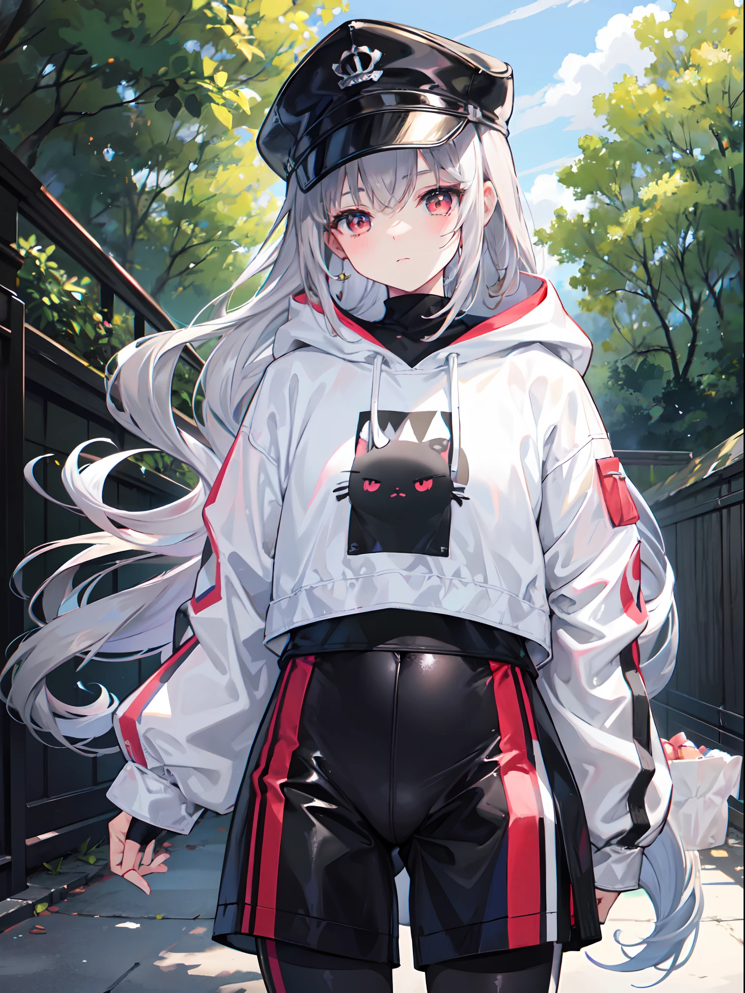 {{Anime Character}} , "small", "18 years old", "she had a cute small face", "she had gray long wavy hair","she had red-caramel eyes", "she had pinkish smooth skin", "she had glossy lips", she had a flat chest","she had a joyful and happy face"
"she wearing a black and white hoodie", "she wearing a black cap", "she wearing short tight black pants", "she wearing a black sporty sneakers".
"she had a pet black cat", "her pet cat had red eyes also"," her cat is always grampy".
.