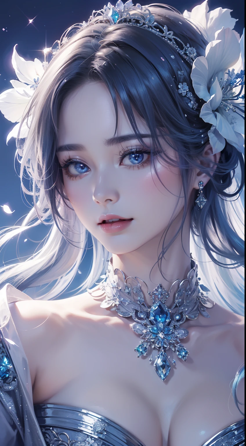 tmasterpiece,Highest high resolution,((magic orb)),Dynamic bust of a beautiful aristocratic maiden,Blue hair is gracefully curled,((Wearing a crown of huge flowers)),Purple clear eyes,(((Hair is covered with beautiful and delicate floral craftsmanship, Crystal Jewelry Filigree))),Ultra-detailed details,upscaled,The Earth Rises。