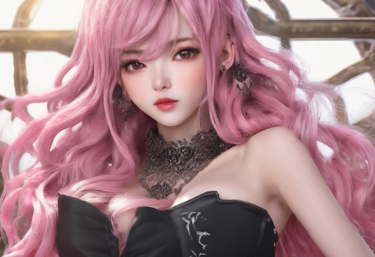 A beautiful Korean girl,Long pink hair,Tattooed with,full bodyesbian,Wearing a collar,Wear a black lace bra,Wear black lace panties,Wear stiletto heels,Wear black pantyhose,Bad girl,s the perfect face,Put on light makeup,Wear a ruby ring,Cool and funky style,On the dance floor,Ultra photo realsisim,8K