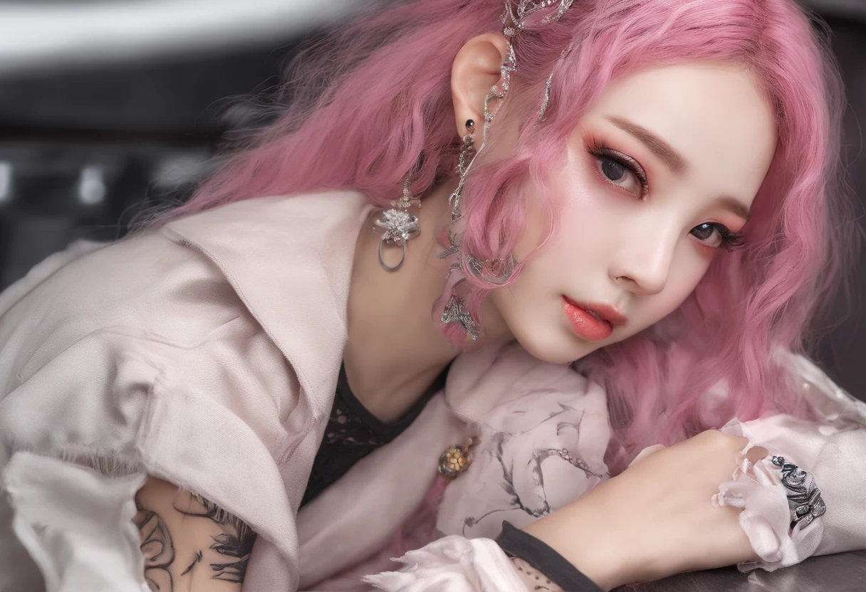 A beautiful Korean girl,Long pink hair,Tattooed with,full bodyesbian,Wearing a collar,Wear a black lace bra,Wear black lace panties,Wear stiletto heels,Wear black pantyhose,Bad girl,s the perfect face,Put on light makeup,Wear a ruby ring,Cool and funky style,On the dance floor,Ultra photo realsisim,8K