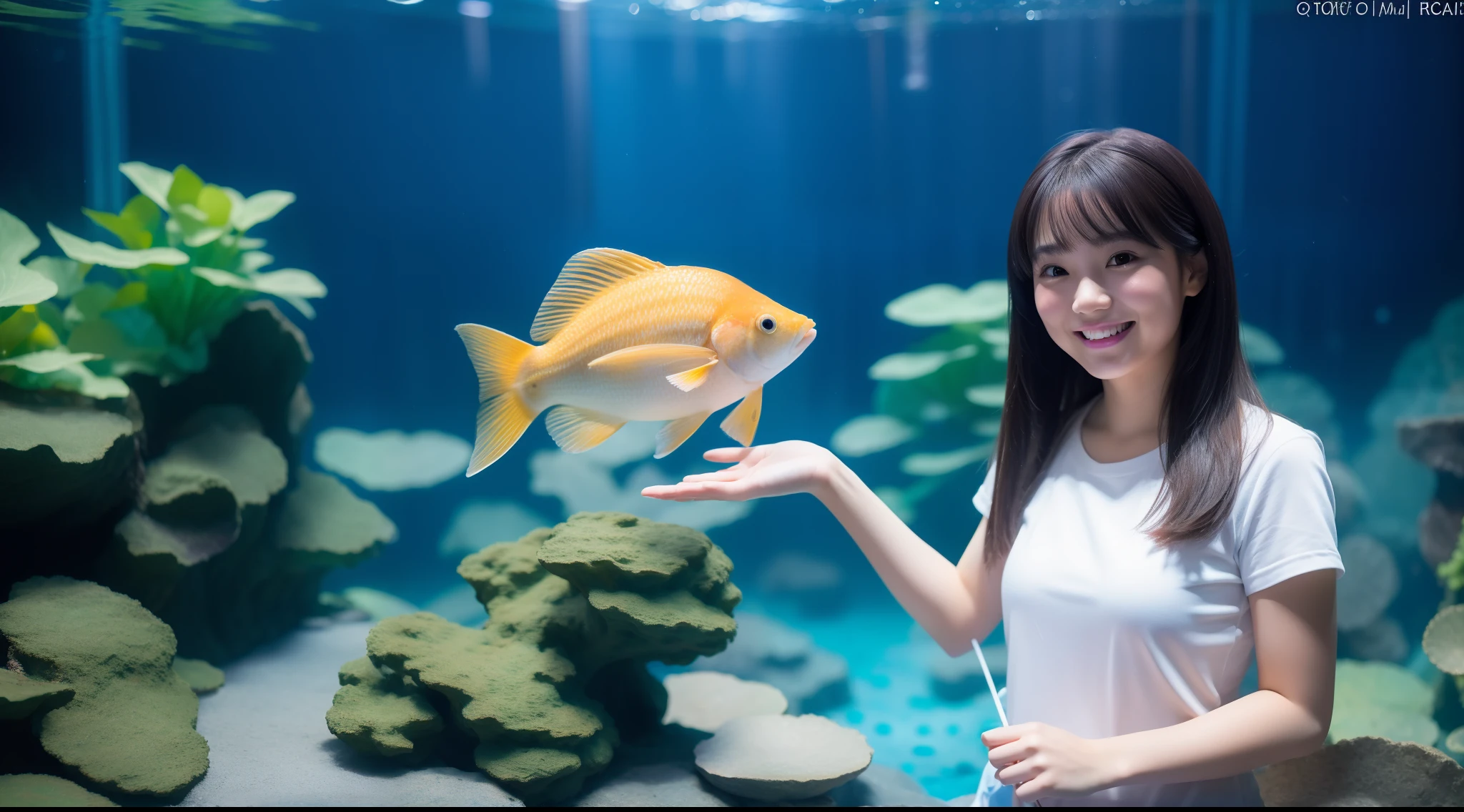 girl with, 独奏, a smile, dressed casually, Aquarium background, Fun atmosphere, (Photorealsitic:1.4), top-quality, ​masterpiece, ultra-detailliert, Raw photo