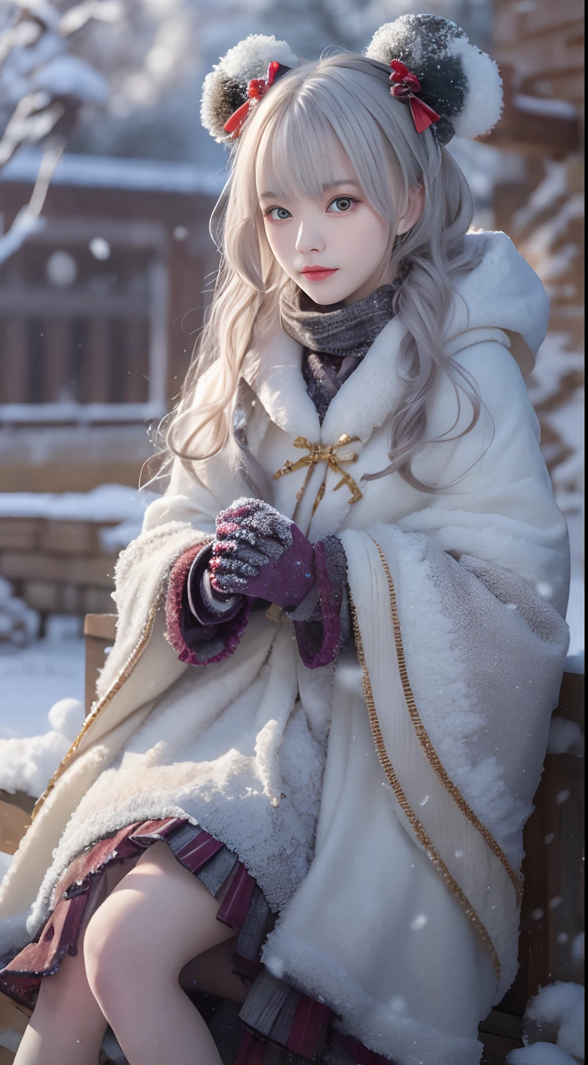 ((Works of masters)),(超高分辨率),1 girl, Sitting, ta costume,Cloak (Snow, Outdoor activities in winter:1.2),Outside the castle,8K,Detailed details,mirth,