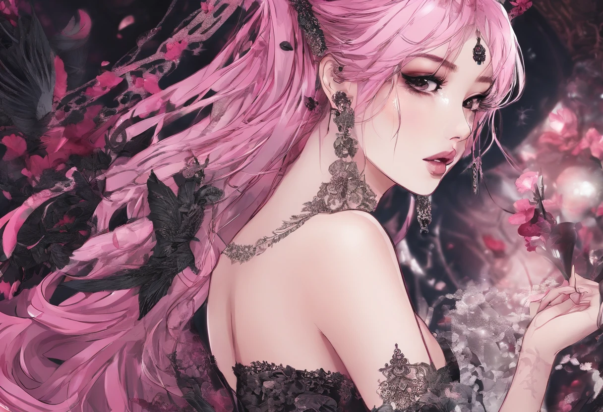 A beautiful Korean girl，Long pink hair，Tattooed with，full bodyesbian，Wearing a collar，Wear a black lace bra，Wear black lace panties，Wear stiletto heels，Wear black pantyhose，Bad girl，s the perfect face，Put on light makeup，Wear a ruby ring，Cool and funky style，On the dance floor，Ultra photo realsisim，8K