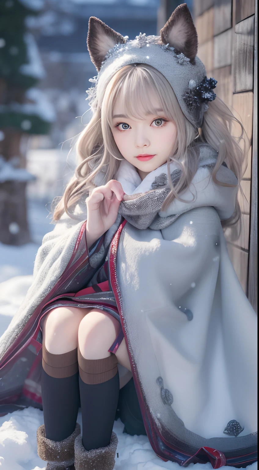 ((Works of masters)),(超高分辨率),1 girl, Sitting, ta costume,Cloak (Snow, Outdoor activities in winter:1.2),Outside the castle,8K,Detailed details,mirth,