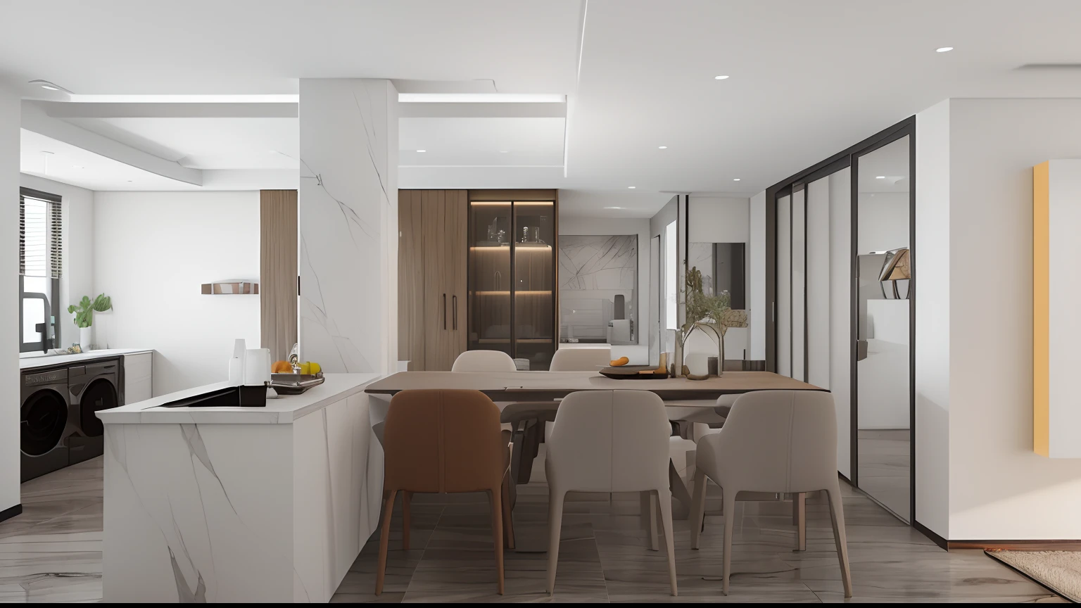 The dining room is equipped with marble tables and chairs。, rendered in enscape, highly photographic render, excellent 3d render, very realistic 3 d render, stuning 3 d render, high quality 3 d render, high quality 3d render, fully detailed render, highly detailed render, insanely detailed rendering, photographic render, highly detailed 3d render